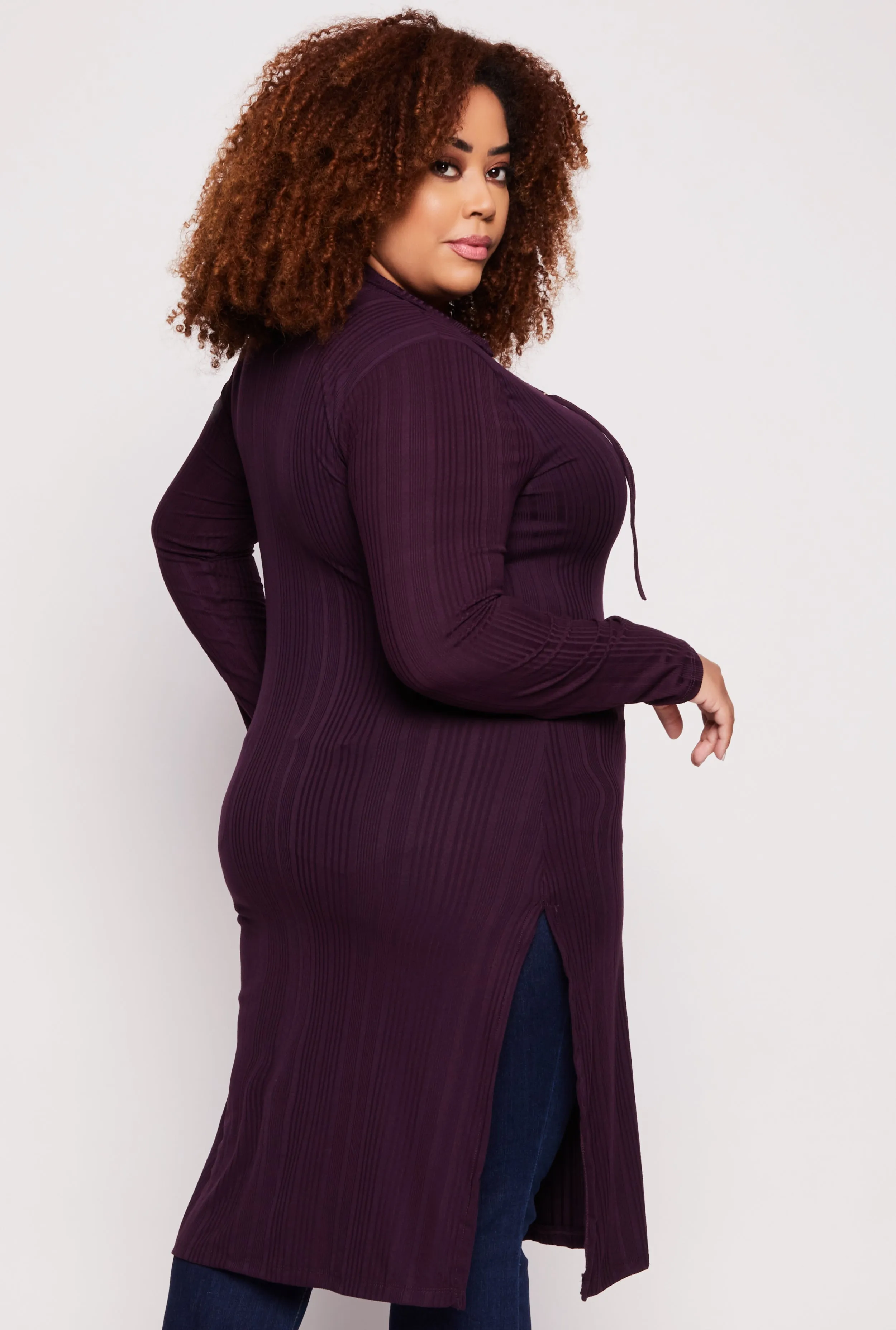 Plus Size Ribbed Knit Lace Up Collar Maxi Top sold by Rainbow product image thumbnail 3