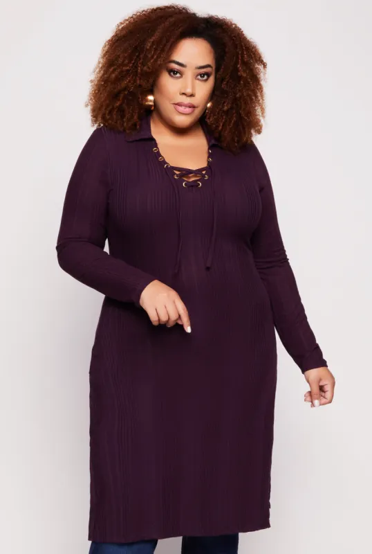Plus Size Ribbed Knit Lace Up Collar Maxi Top sold by Rainbow