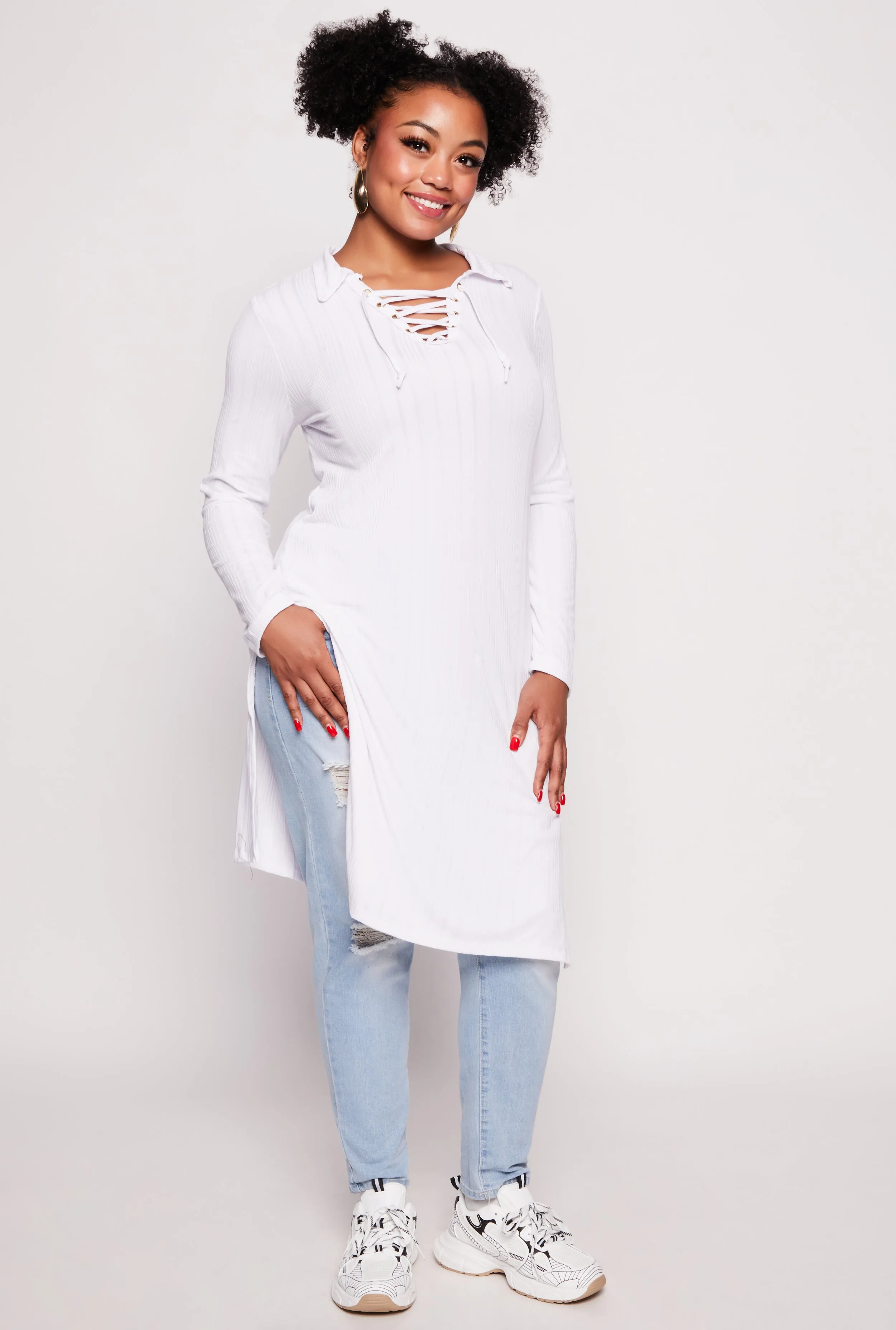 Plus Size Ribbed Knit Lace Up Collar Maxi Top sold by Rainbow product image thumbnail 2