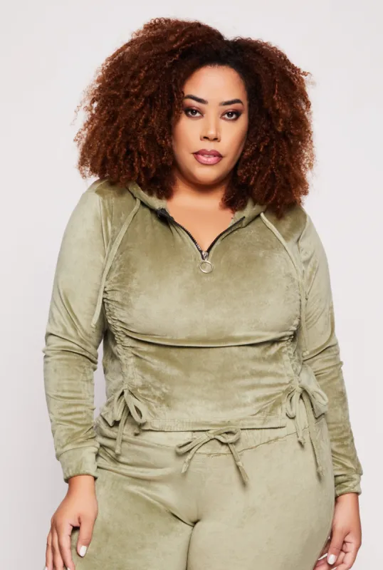 Plus Size Velour Ruched Half Zip Hoodie sold by Rainbow