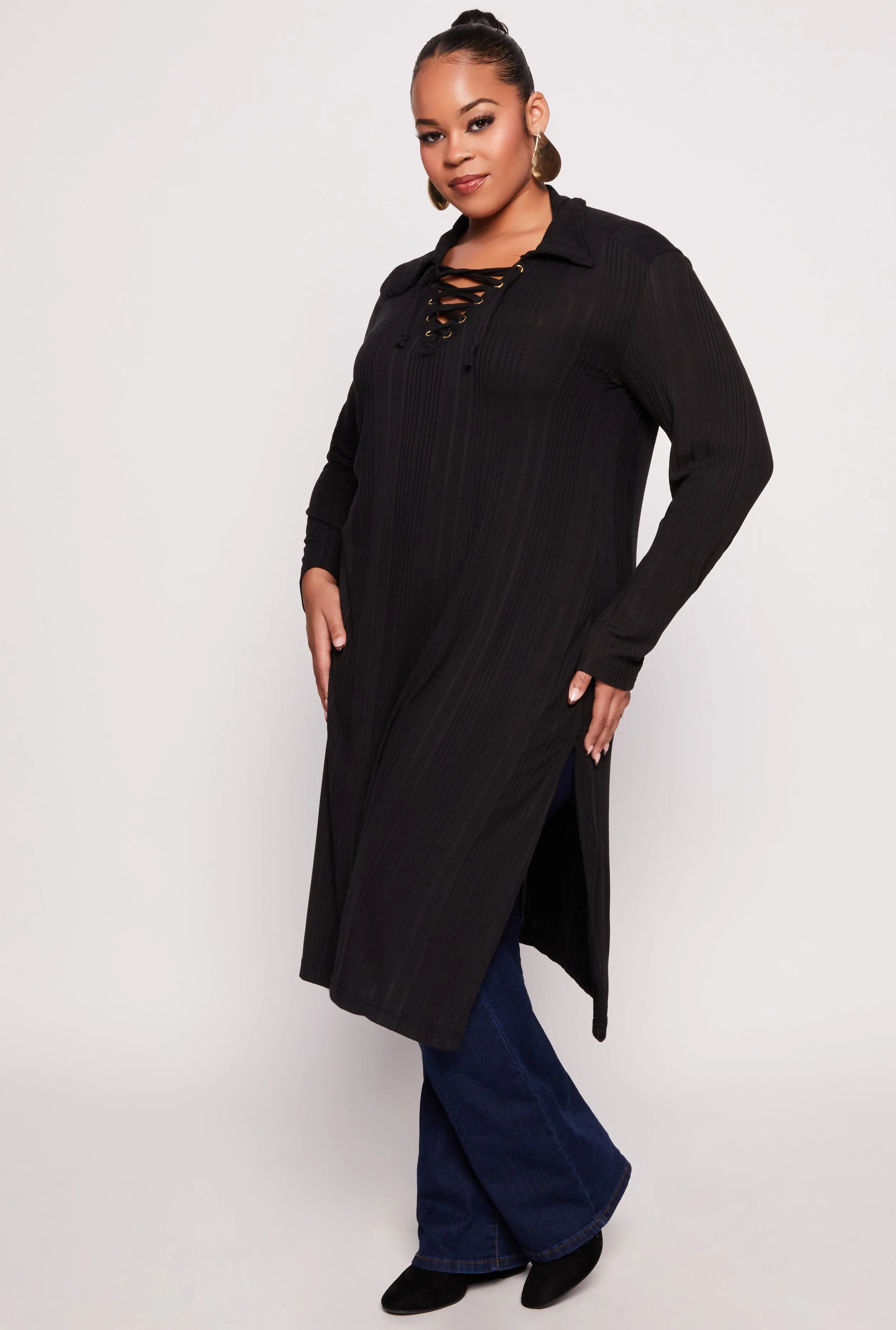 Plus Size Ribbed Knit Lace Up Collar Maxi Top sold by Rainbow product image thumbnail 2