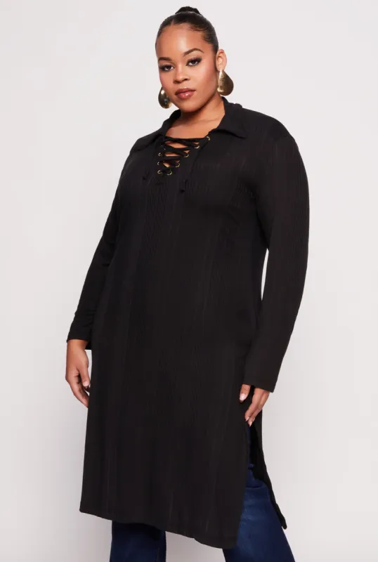 Plus Size Ribbed Knit Lace Up Collar Maxi Top sold by Rainbow