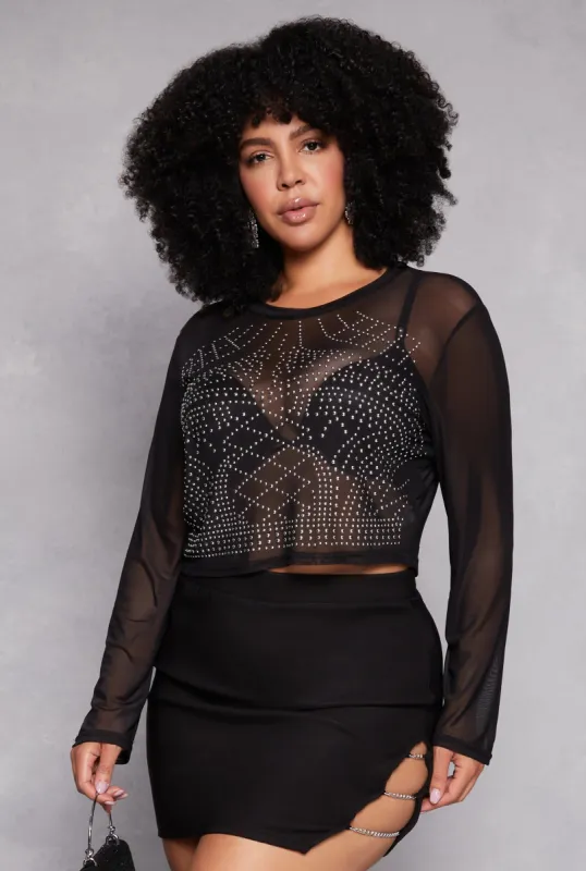Plus Size Rhinestone Mesh Crop Top sold by Rainbow