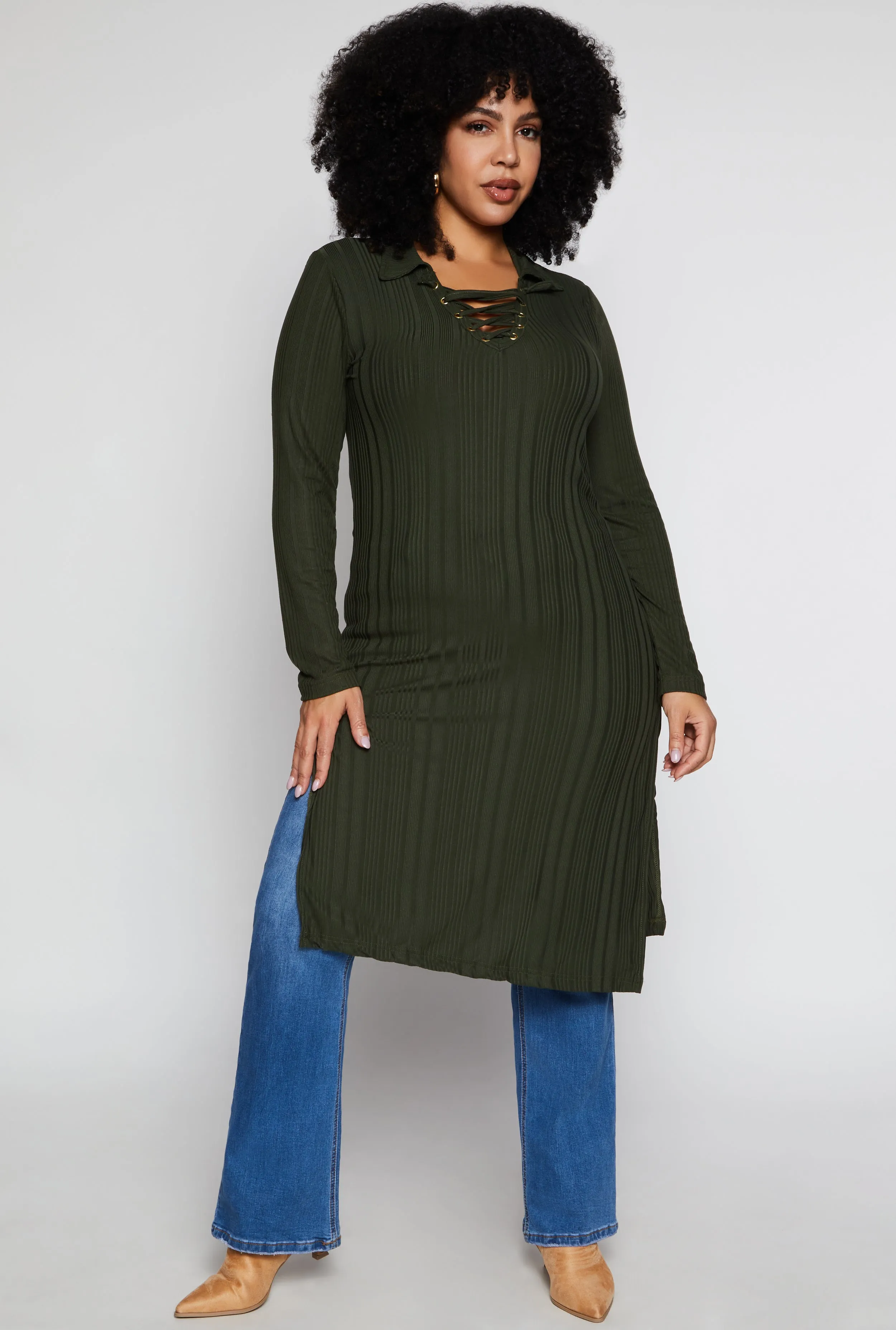 Plus Size Ribbed Knit Lace Up Collar Maxi Top sold by Rainbow product image thumbnail 2