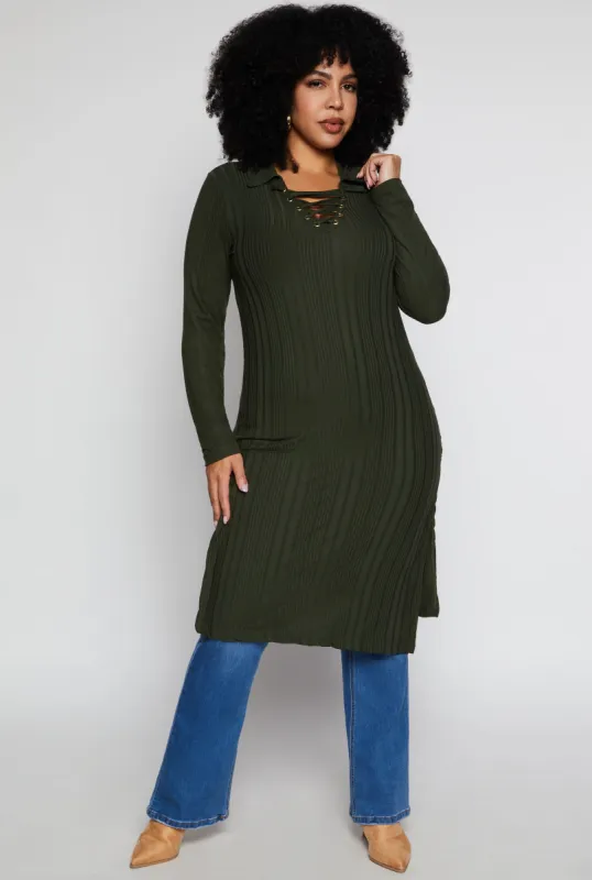 Plus Size Ribbed Knit Lace Up Collar Maxi Top sold by Rainbow