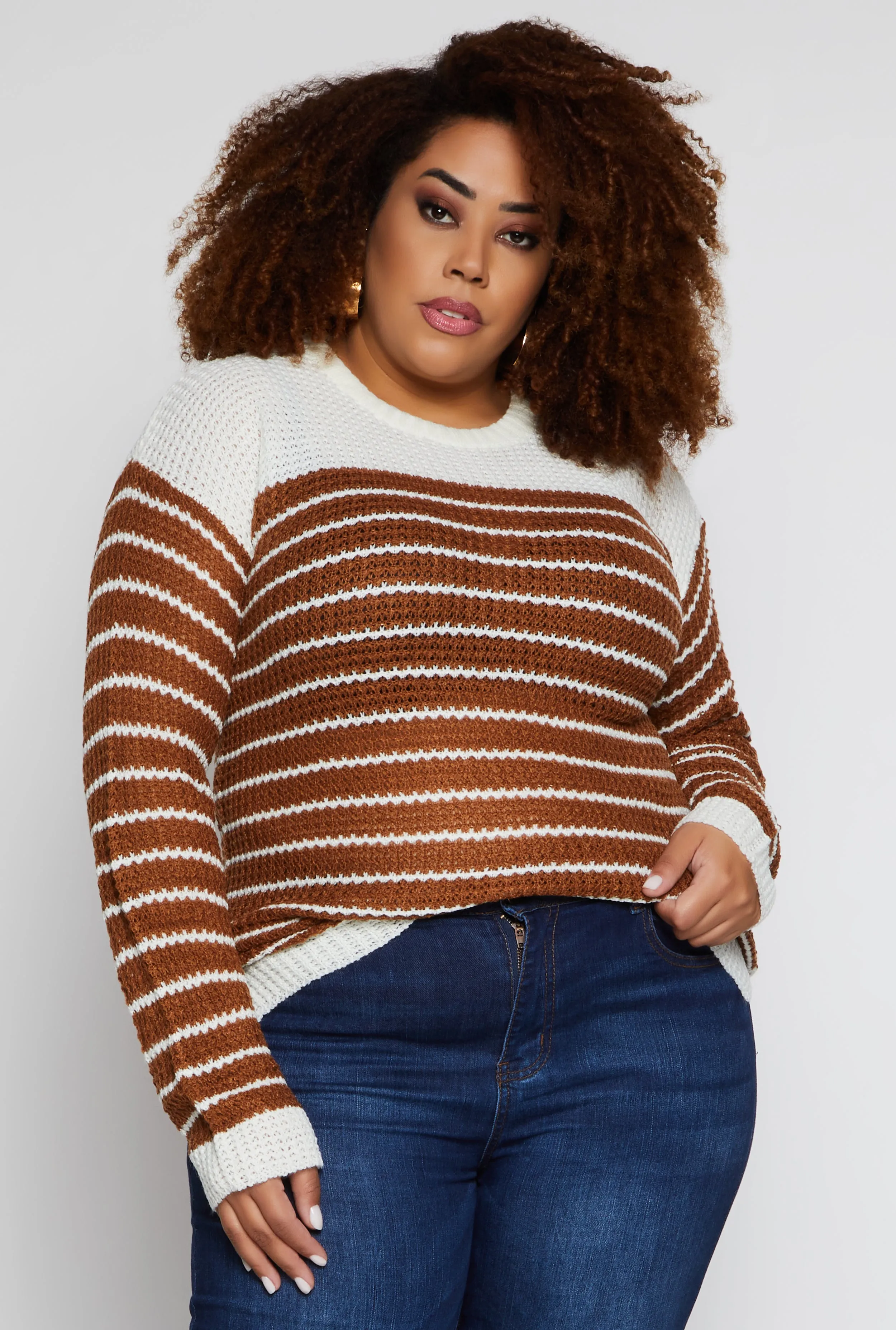 Plus Size Crew Neck Striped Sweater sold by Rainbow