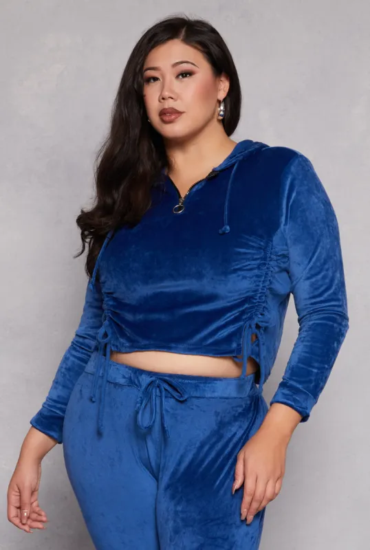Plus Size Velour Ruched Half Zip Hoodie sold by Rainbow