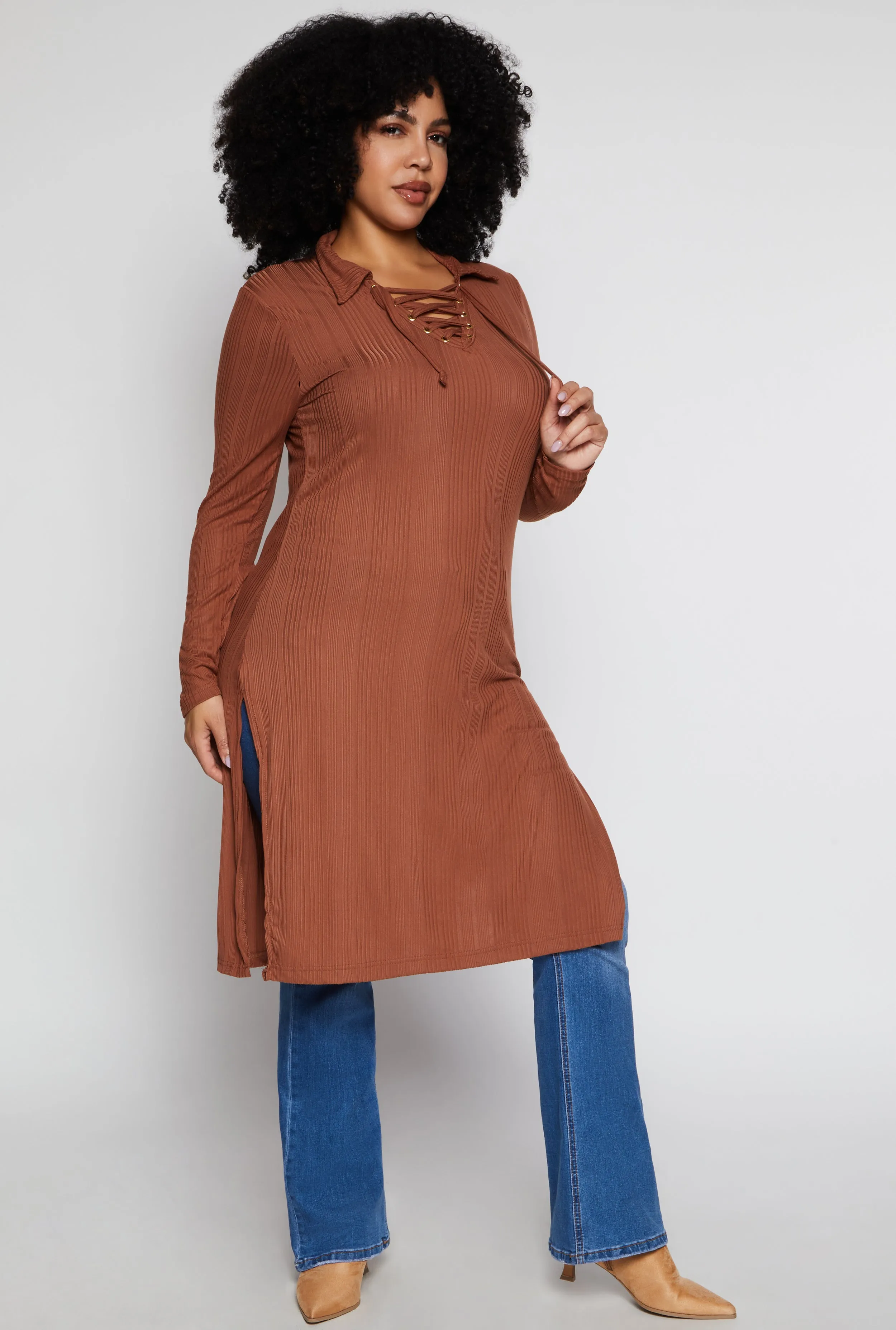 Plus Size Ribbed Knit Lace Up Collar Maxi Top sold by Rainbow product image thumbnail 2