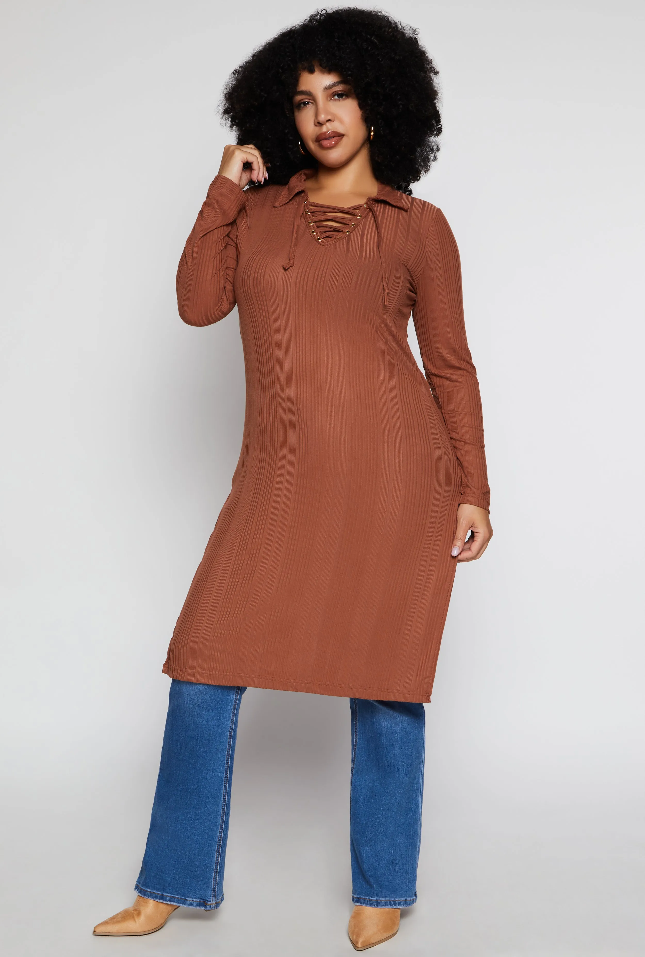 Plus Size Ribbed Knit Lace Up Collar Maxi Top sold by Rainbow