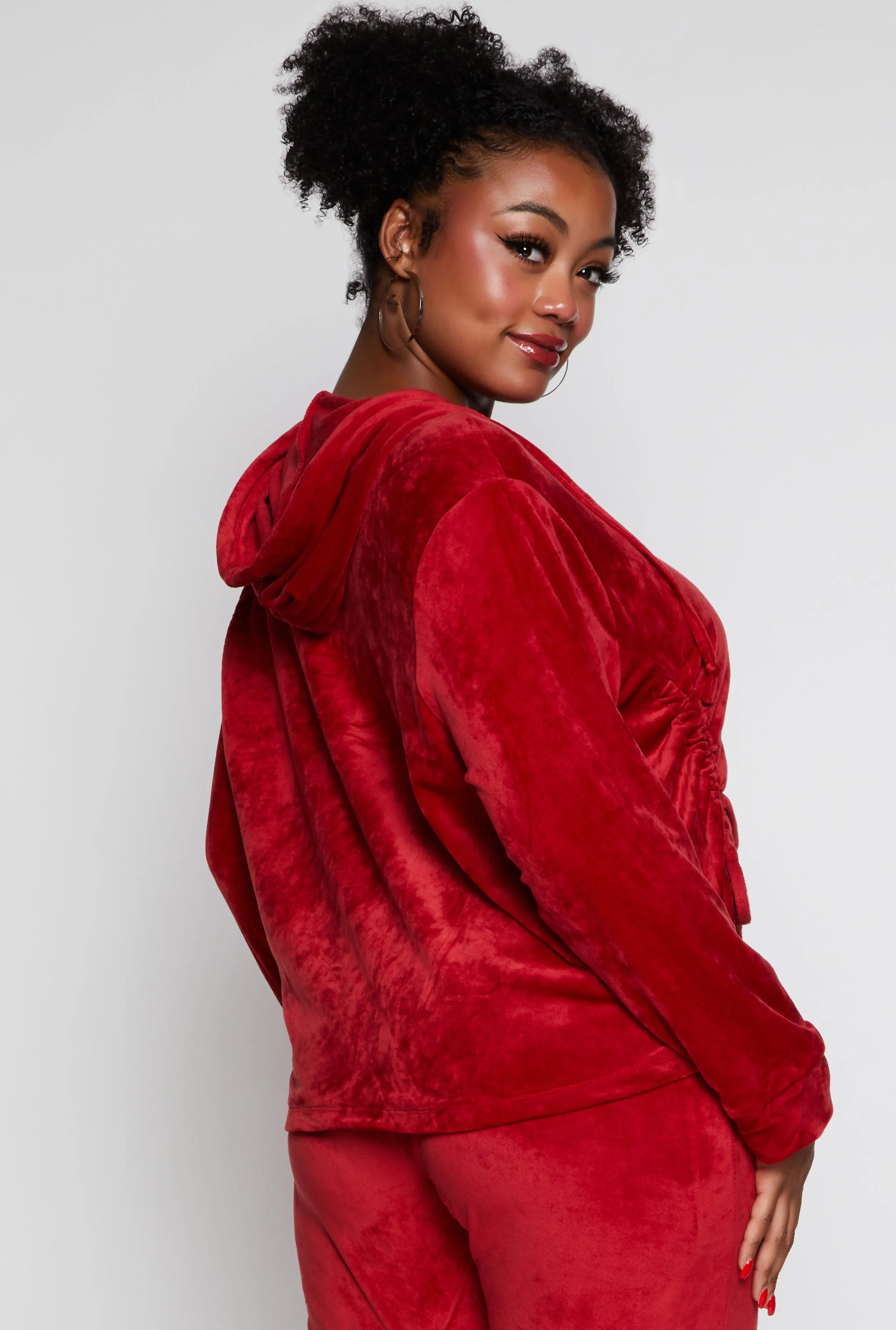 Plus Size Velour Ruched Half Zip Hoodie sold by Rainbow product image thumbnail 3