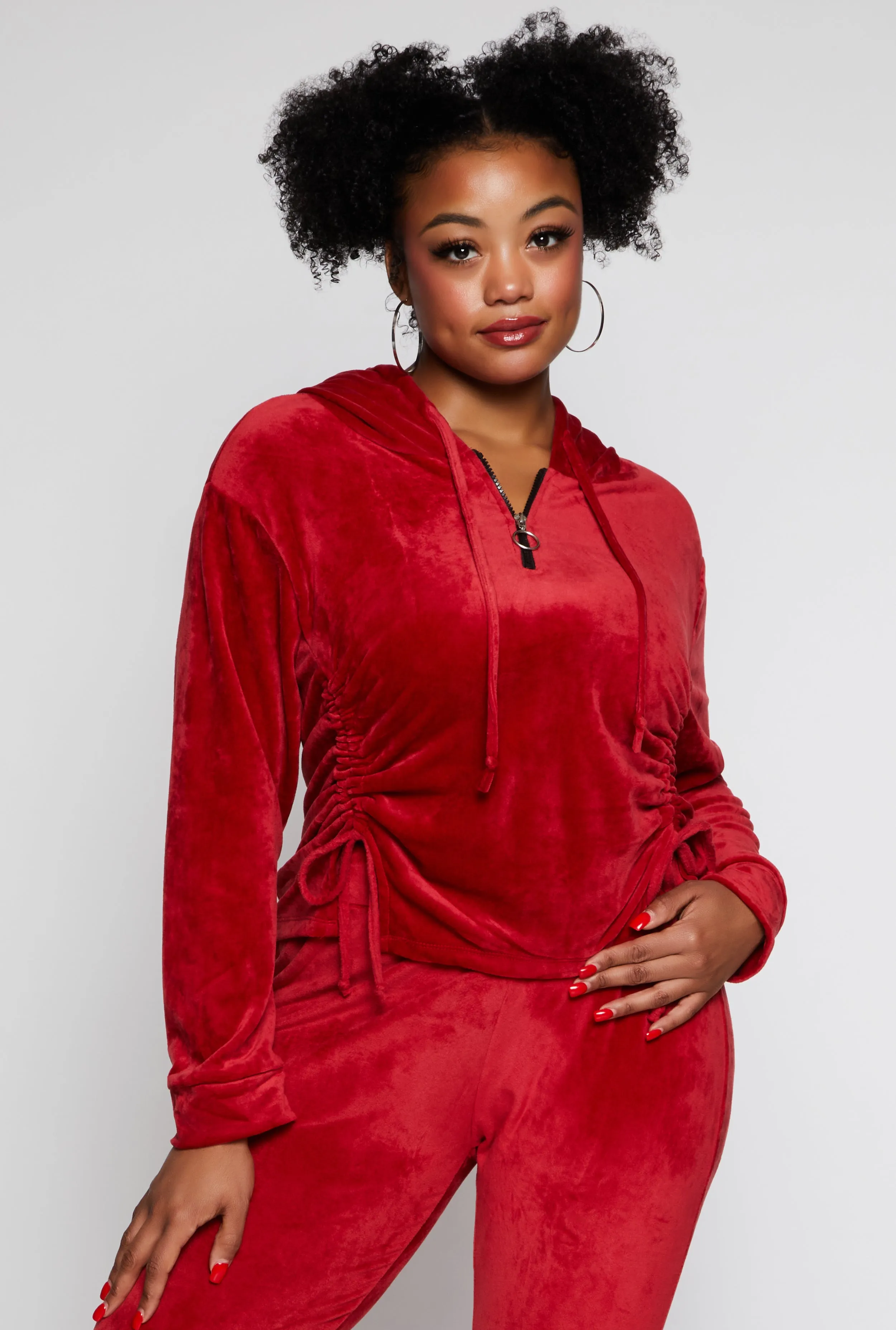 Plus Size Velour Ruched Half Zip Hoodie sold by Rainbow