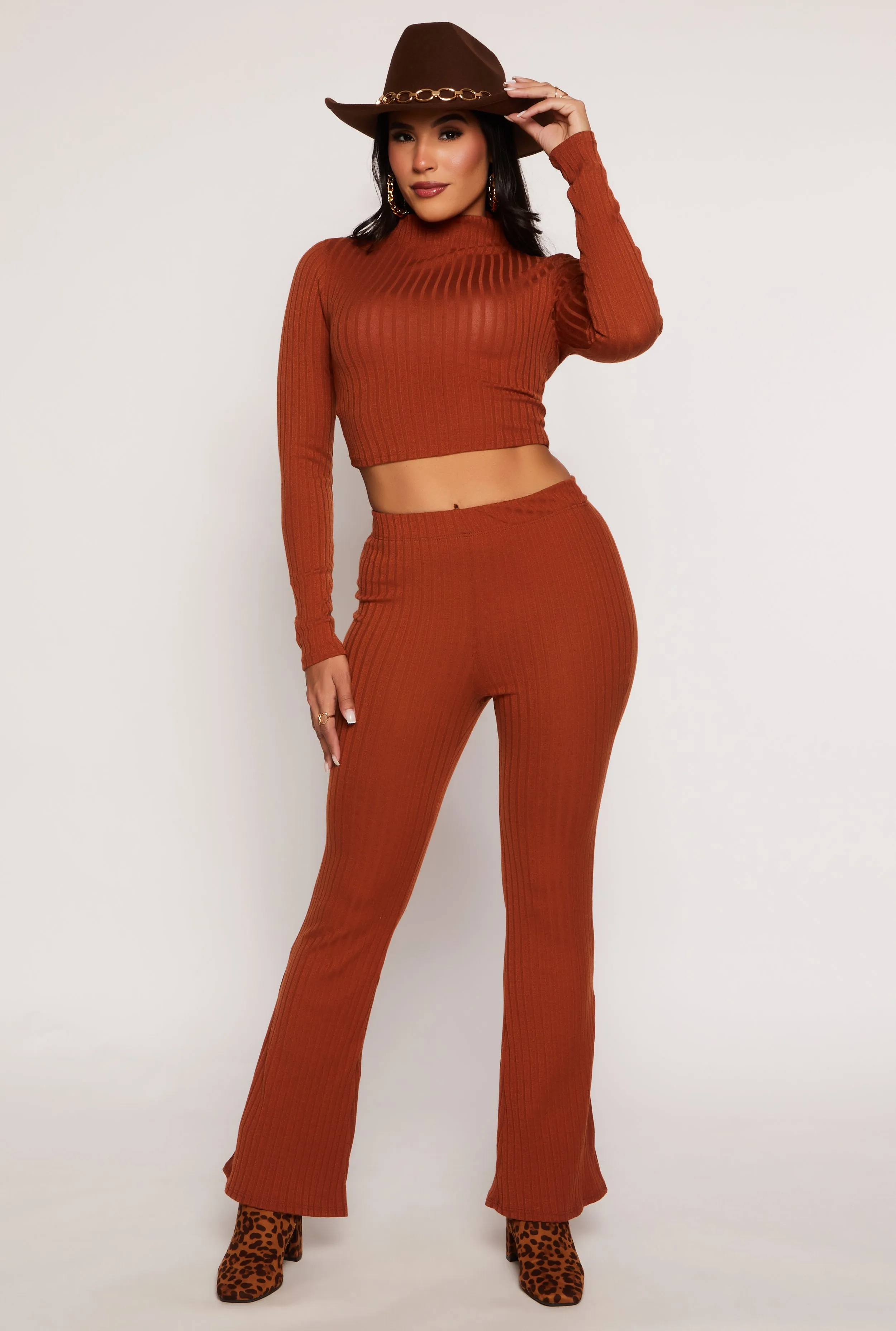 Ribbed Knit High Waist Flare Pants sold by Rainbow