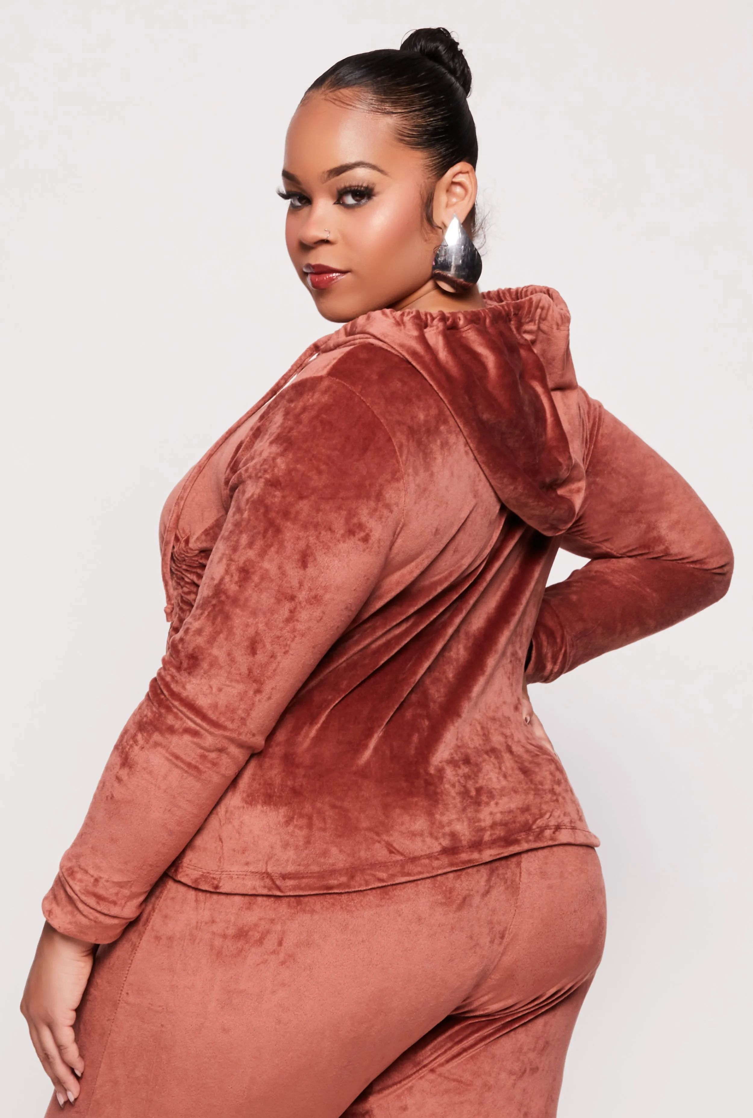 Plus Size Velour Ruched Half Zip Hoodie sold by Rainbow product image thumbnail 3