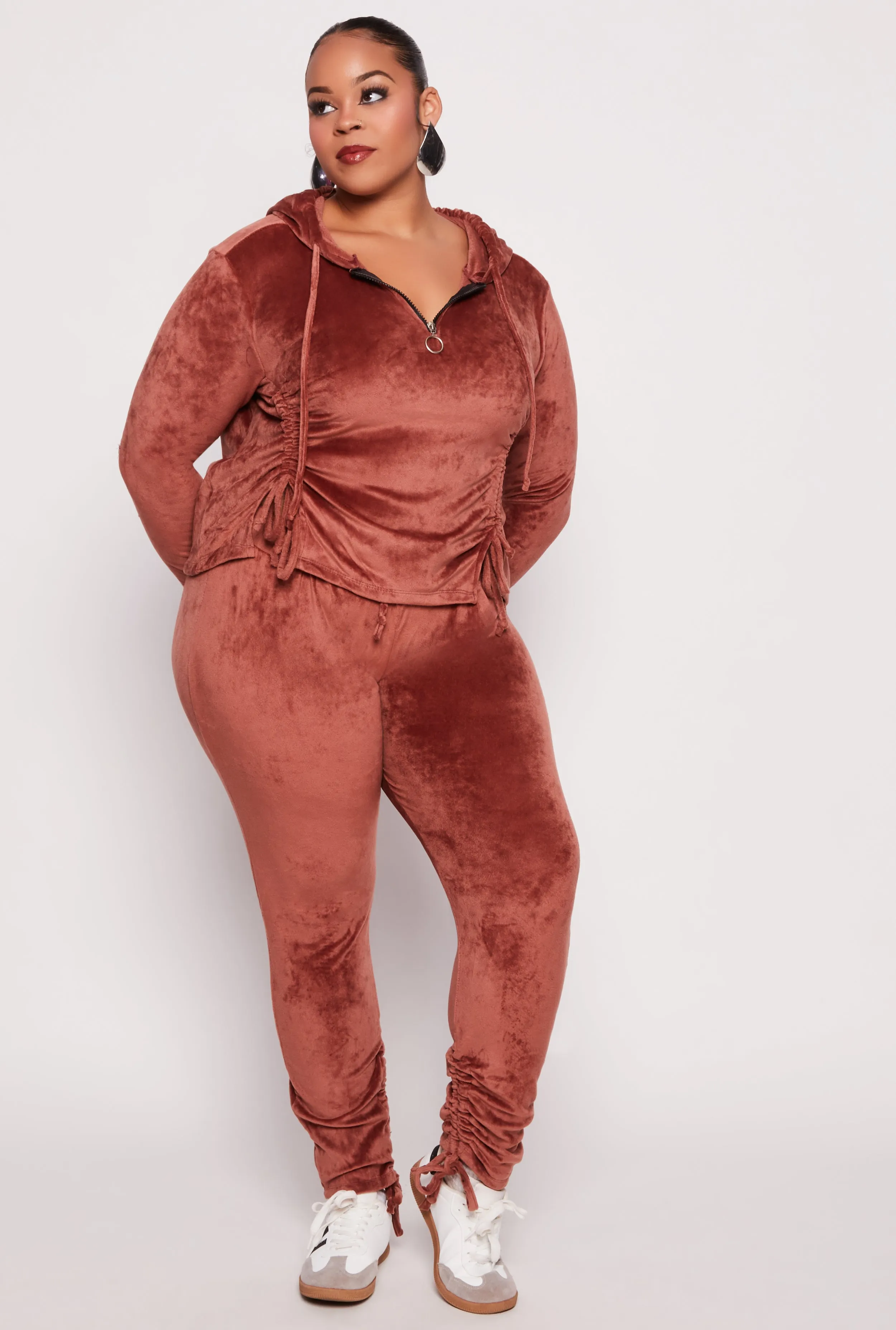 Plus Size Velour Ruched Half Zip Hoodie sold by Rainbow product image thumbnail 2