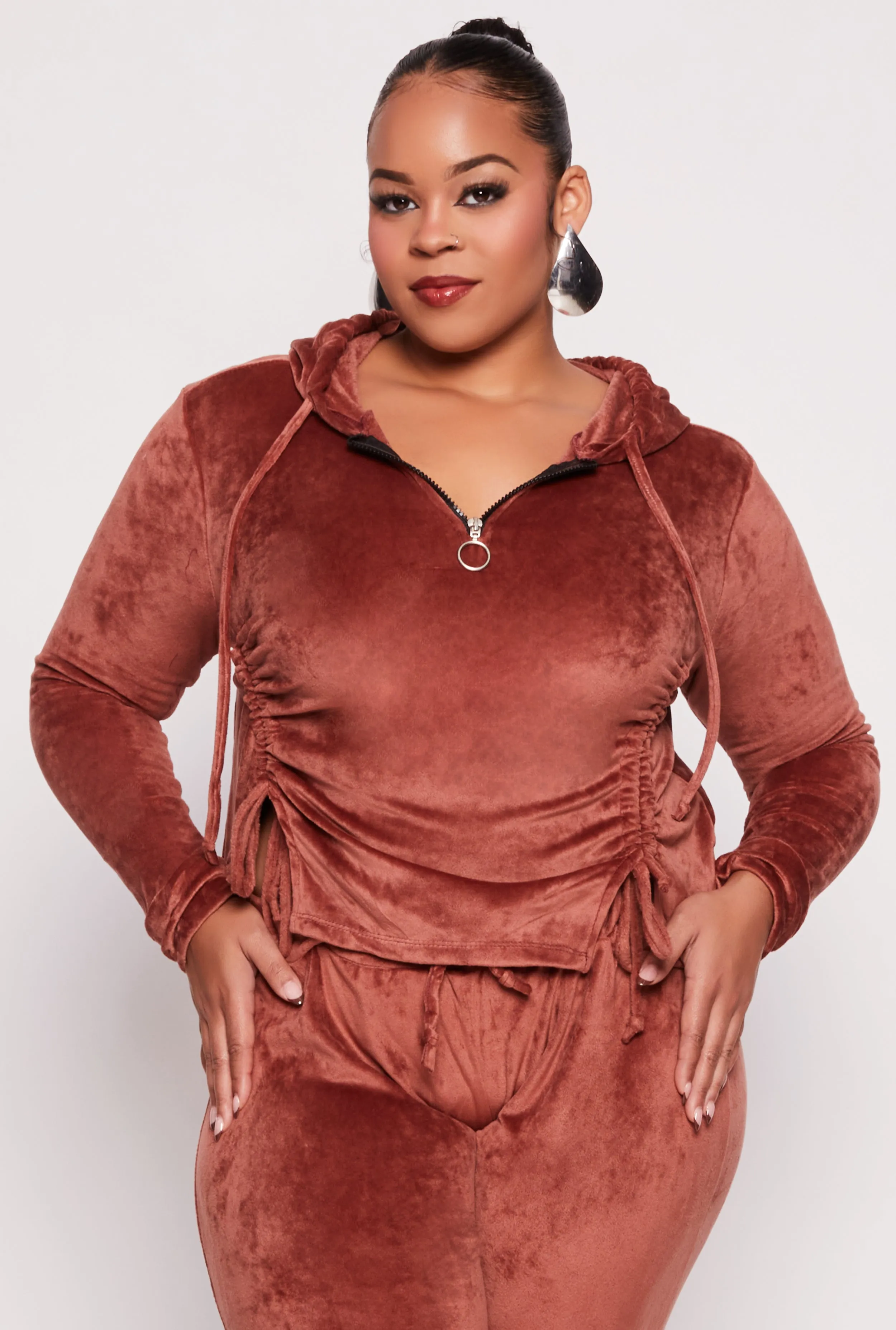 Plus Size Velour Ruched Half Zip Hoodie sold by Rainbow