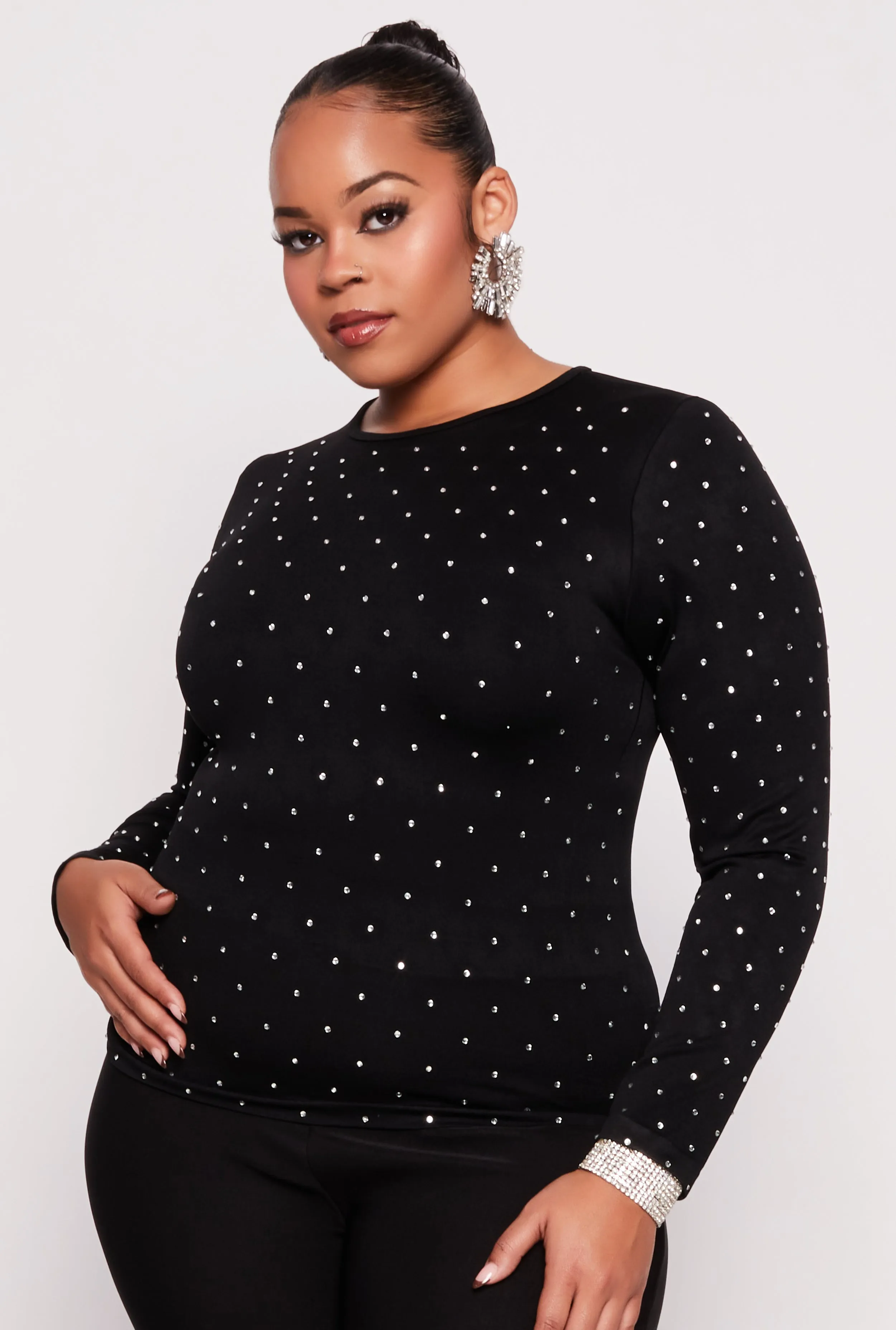 Plus Size Rhinestone Studded Long Sleeve Top sold by Rainbow