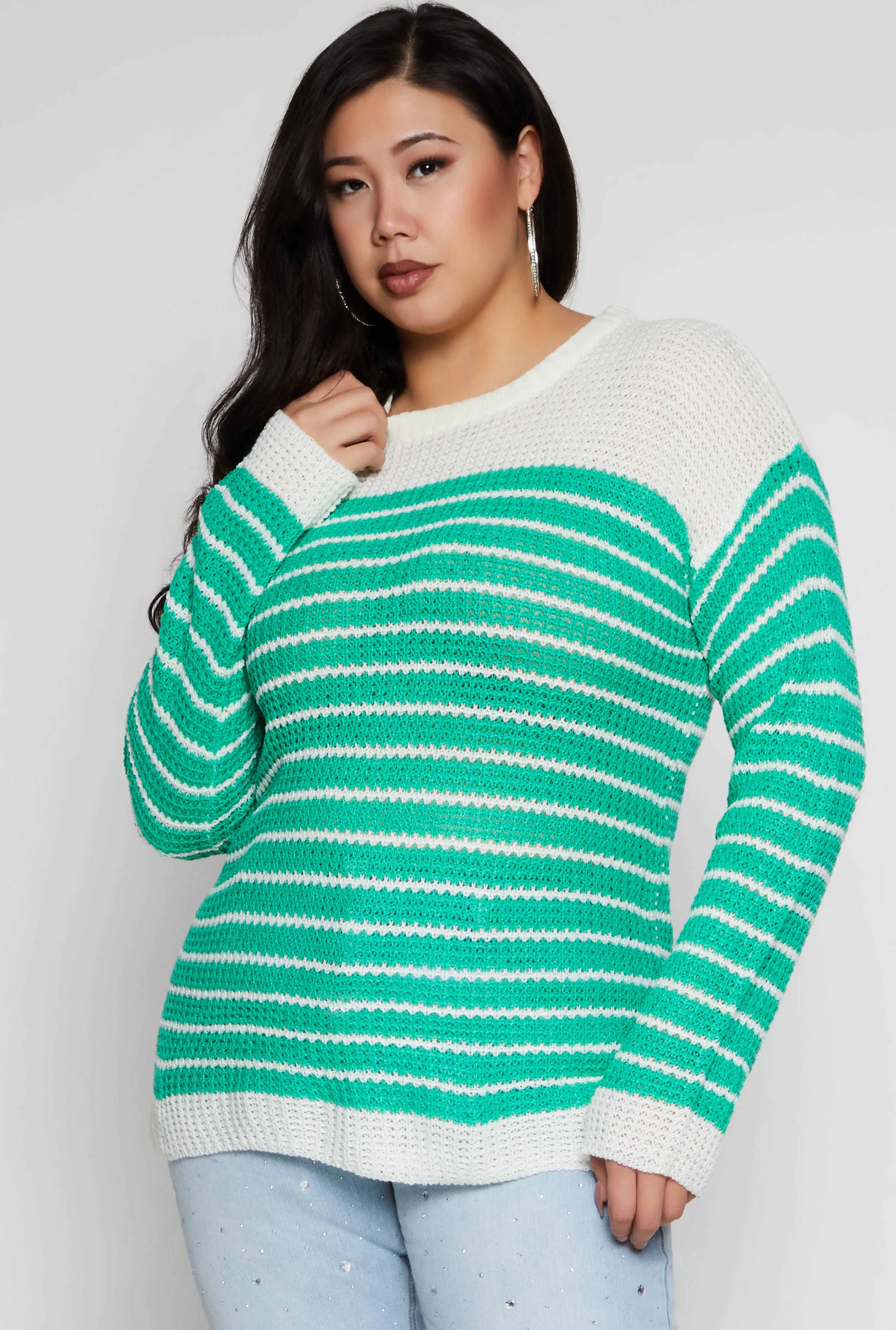 Plus Size Crew Neck Striped Sweater sold by Rainbow