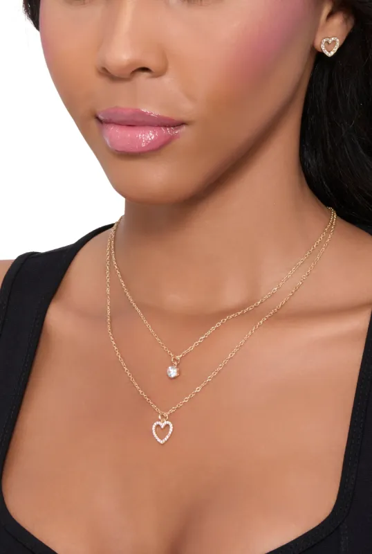 Heart Charm Layered Necklace and Stud Earrings Set sold by Rainbow