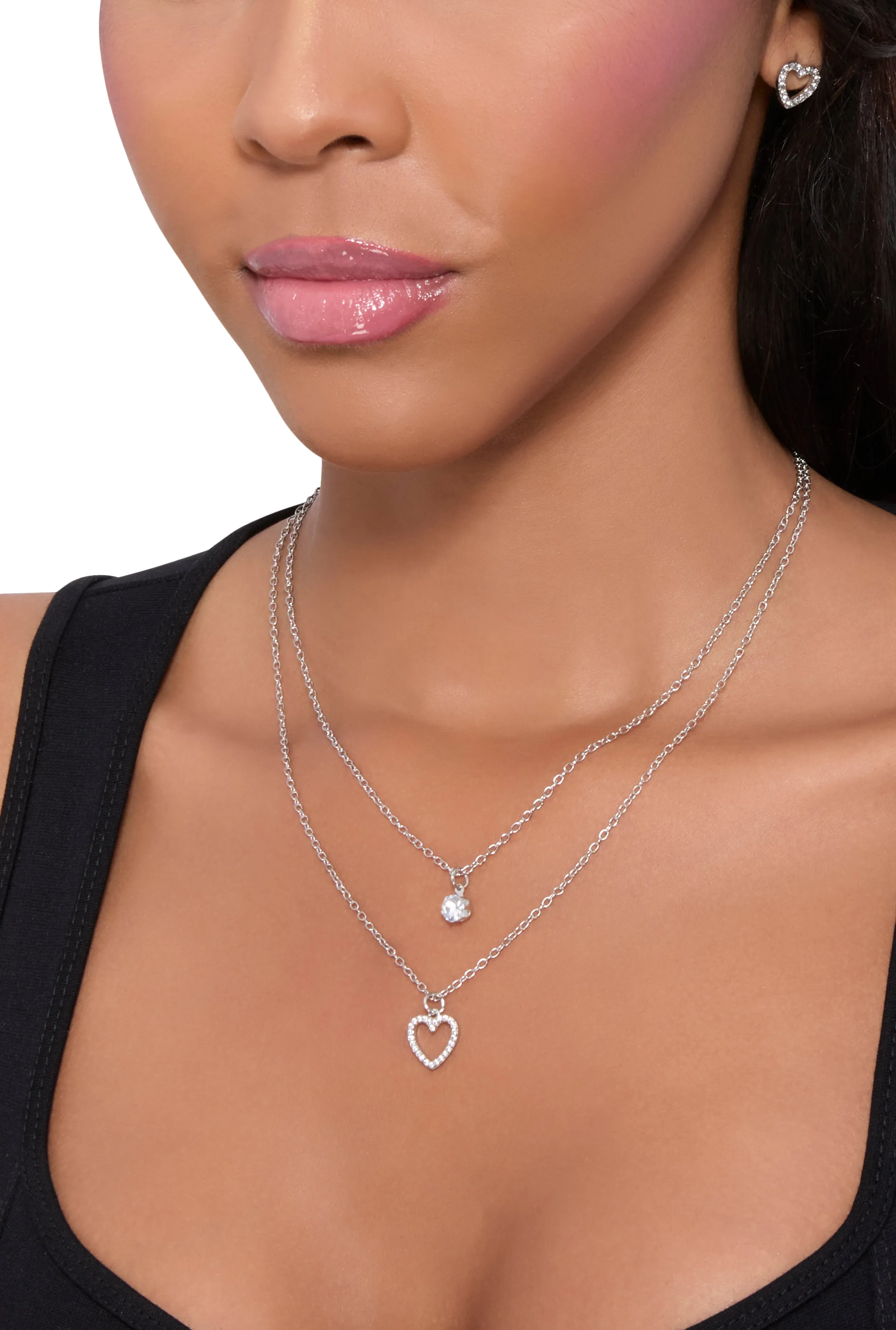 Heart Charm Layered Necklace and Stud Earrings Set sold by Rainbow