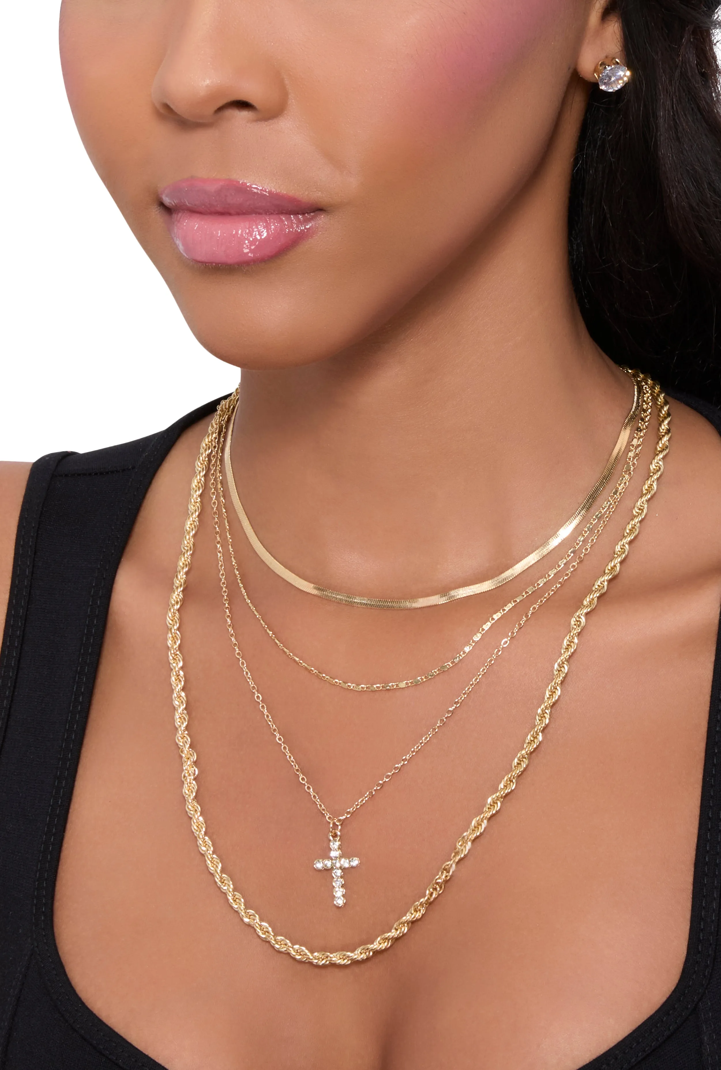 Cross Charm Layered Necklace with Stud Earring Trio sold by Rainbow product image thumbnail 2