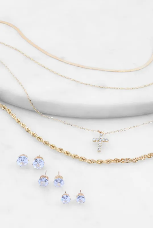 Cross Charm Layered Necklace with Stud Earring Trio sold by Rainbow