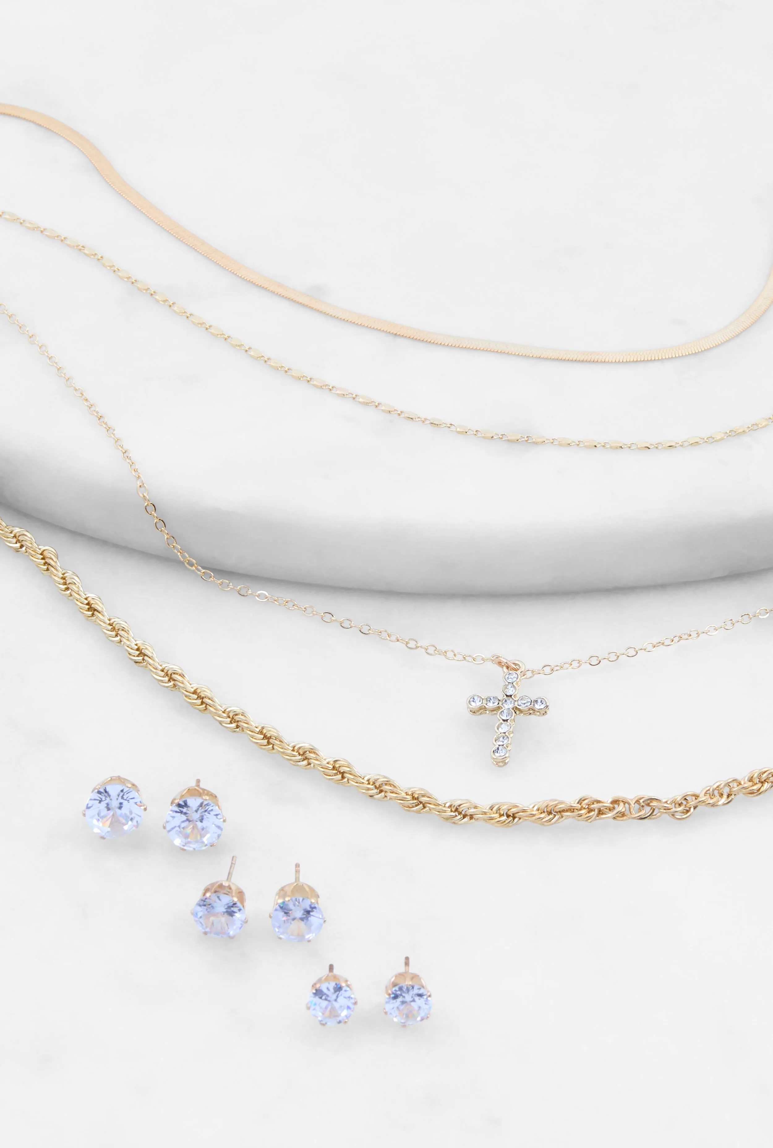 Cross Charm Layered Necklace with Stud Earring Trio sold by Rainbow