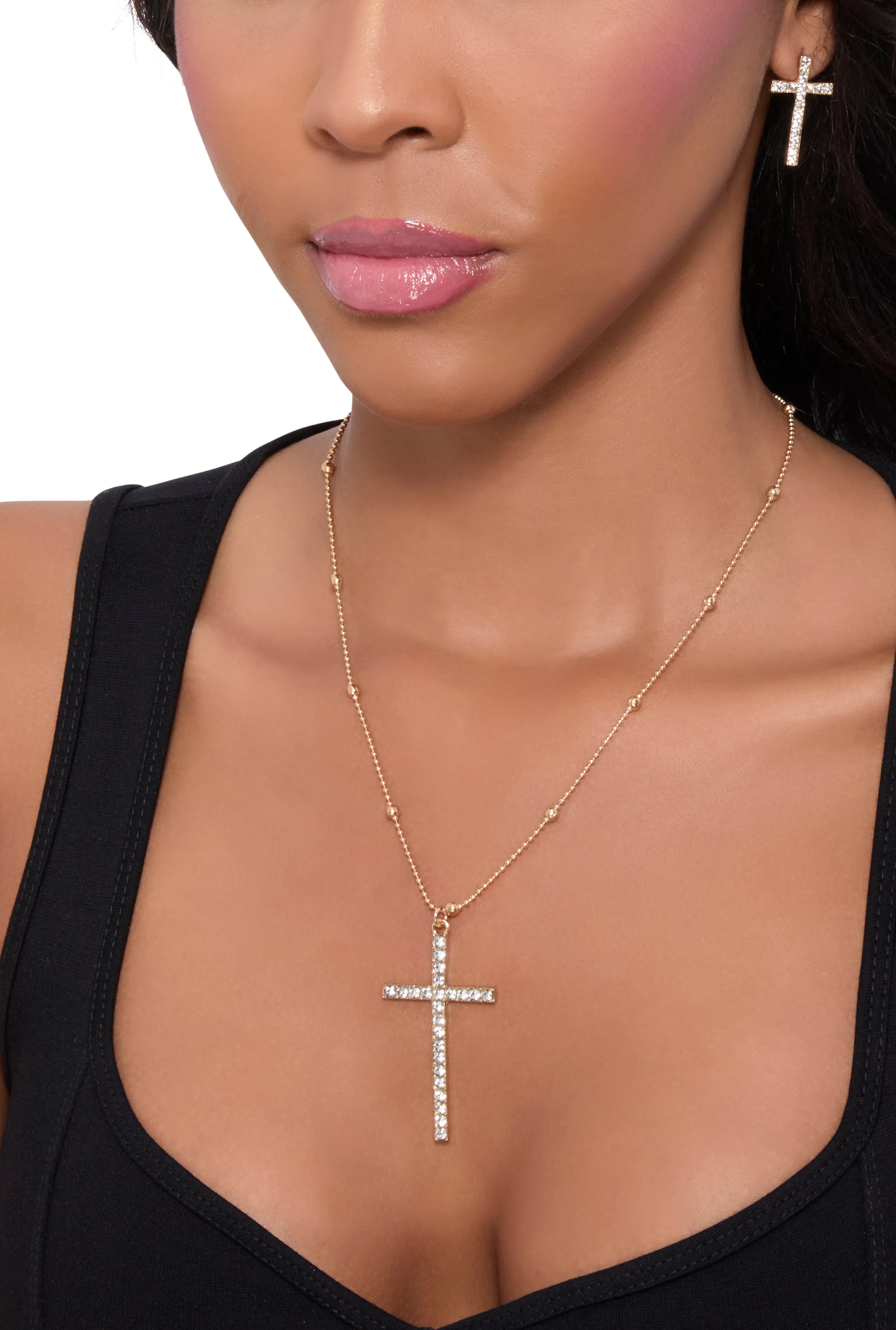 Cross Charm Necklace and Stud Earrings sold by Rainbow