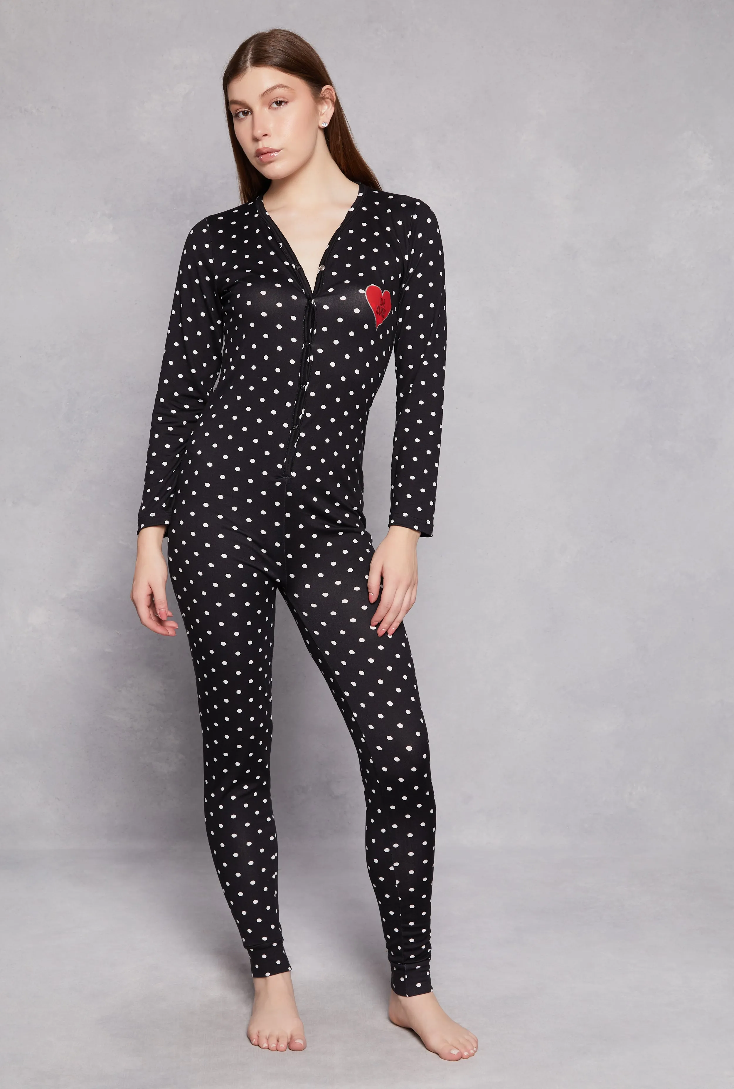 Soft Knit Polka Dot Love Yourself Pajama Onesie sold by Rainbow