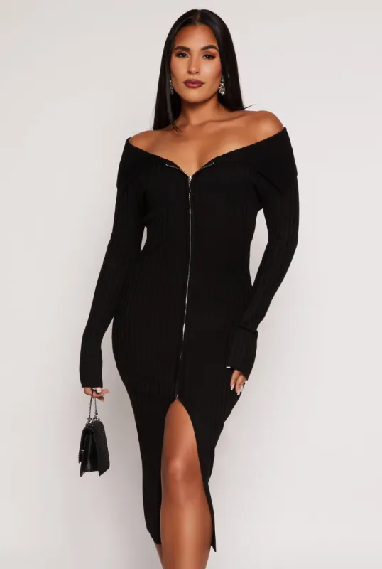 Almost Famous Zip Off the Shoulder Sweater Dress sold by Rainbow