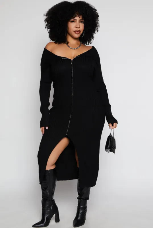 Plus Size Almost Famous Zip Front Sweater Dress sold by Rainbow