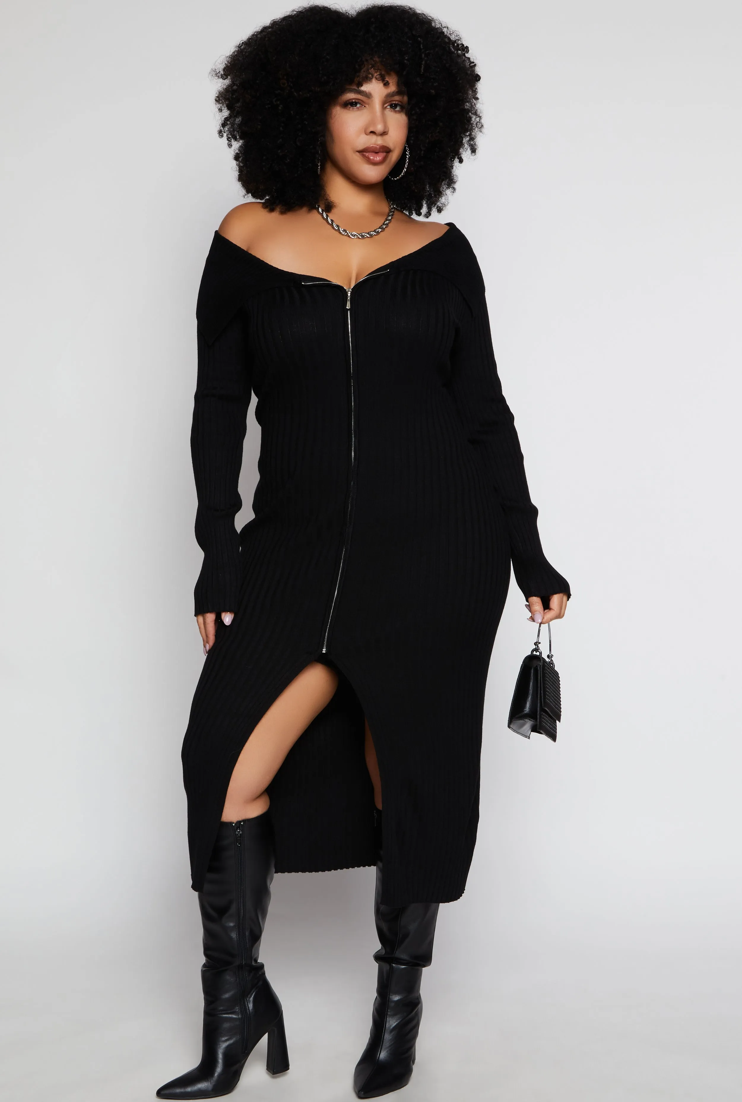 Plus Size Almost Famous Zip Front Sweater Dress sold by Rainbow