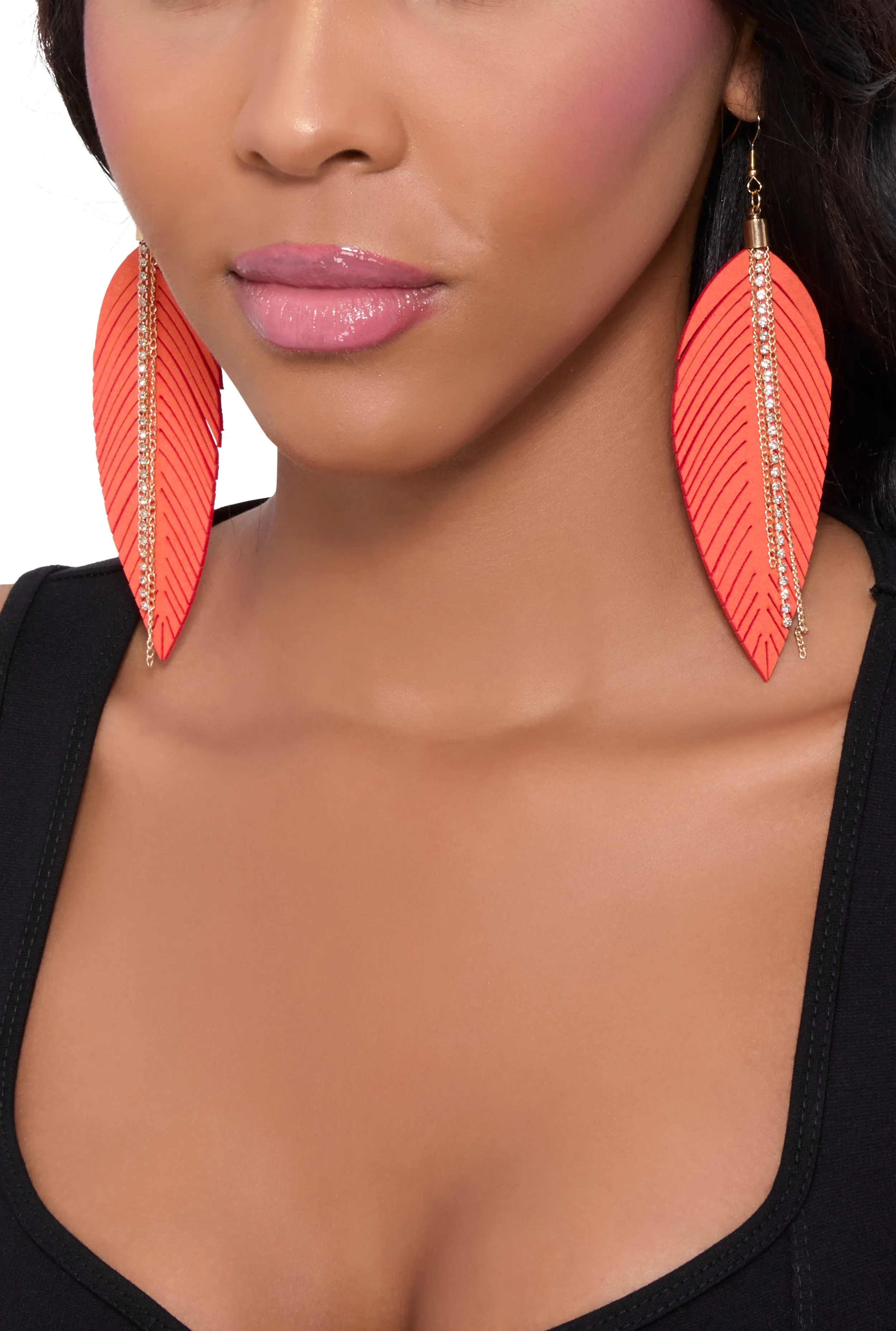 Fringe Rhinestone Chain Leaf Drop Earrings sold by Rainbow