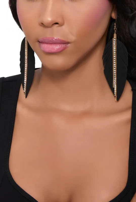 Fringe Rhinestone Chain Leaf Drop Earrings sold by Rainbow