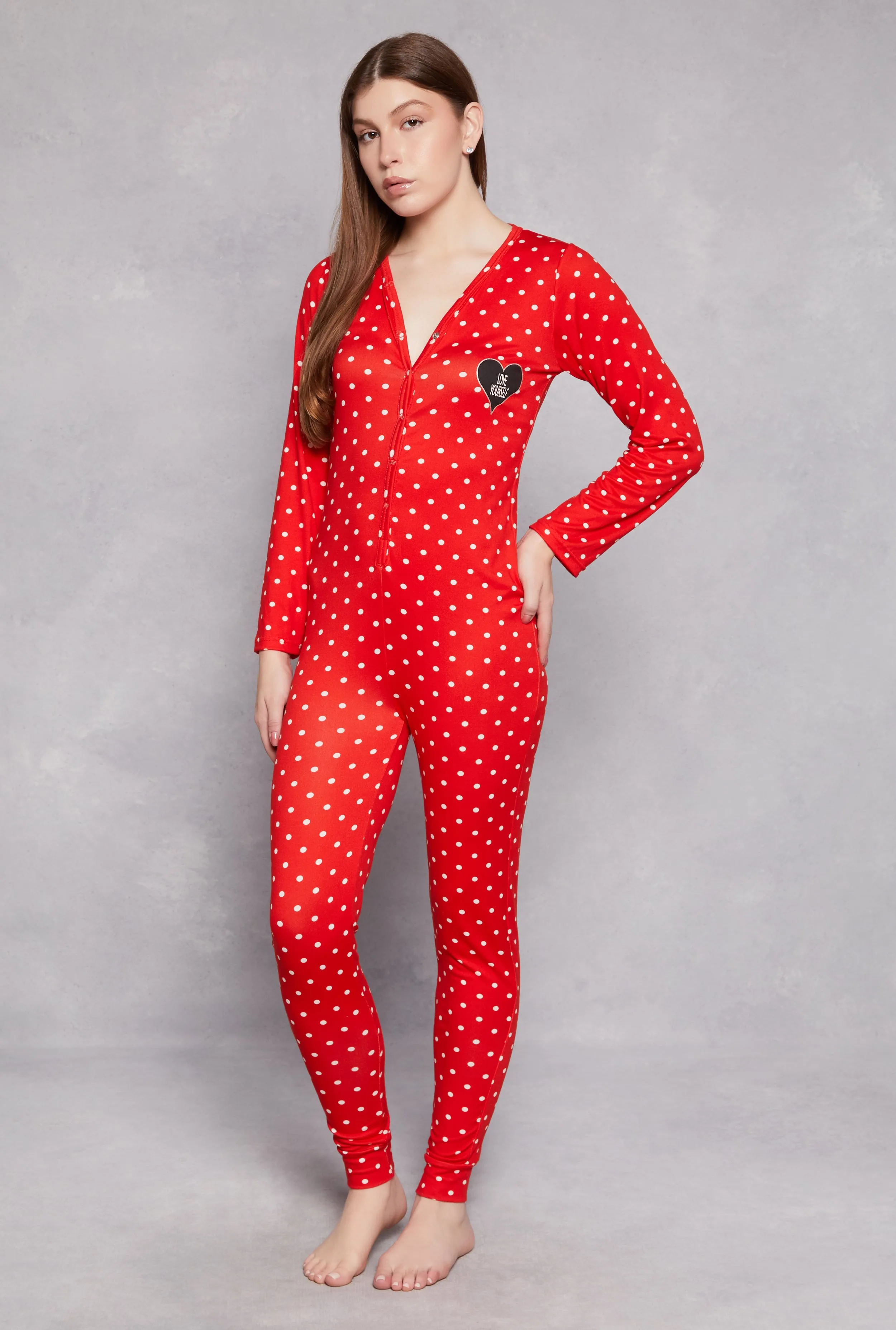 Soft Knit Polka Dot Love Yourself Pajama Onesie sold by Rainbow
