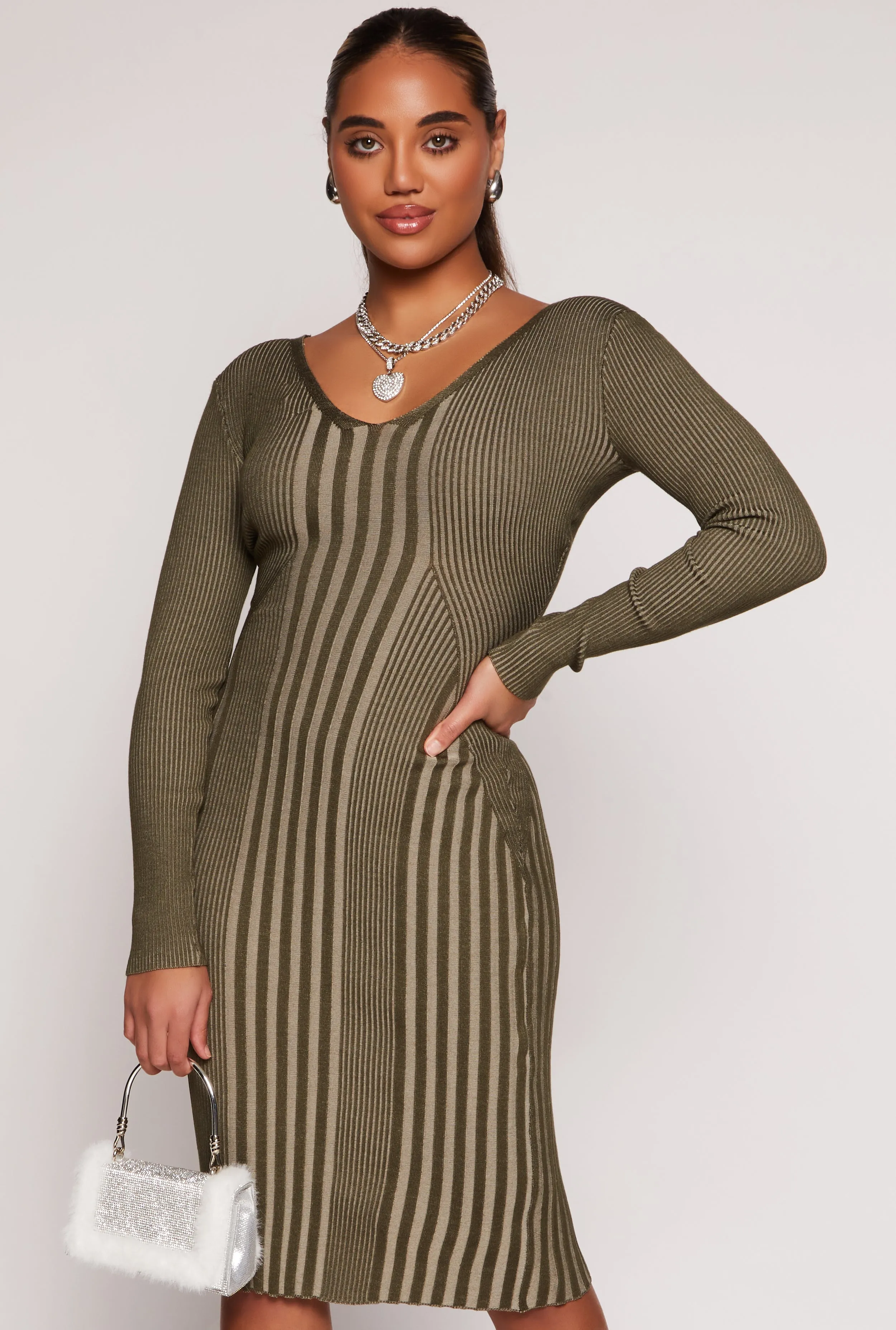 Almost Famous Ribbed Knit Shadow Stripe Midi Sweater Dress sold by Rainbow