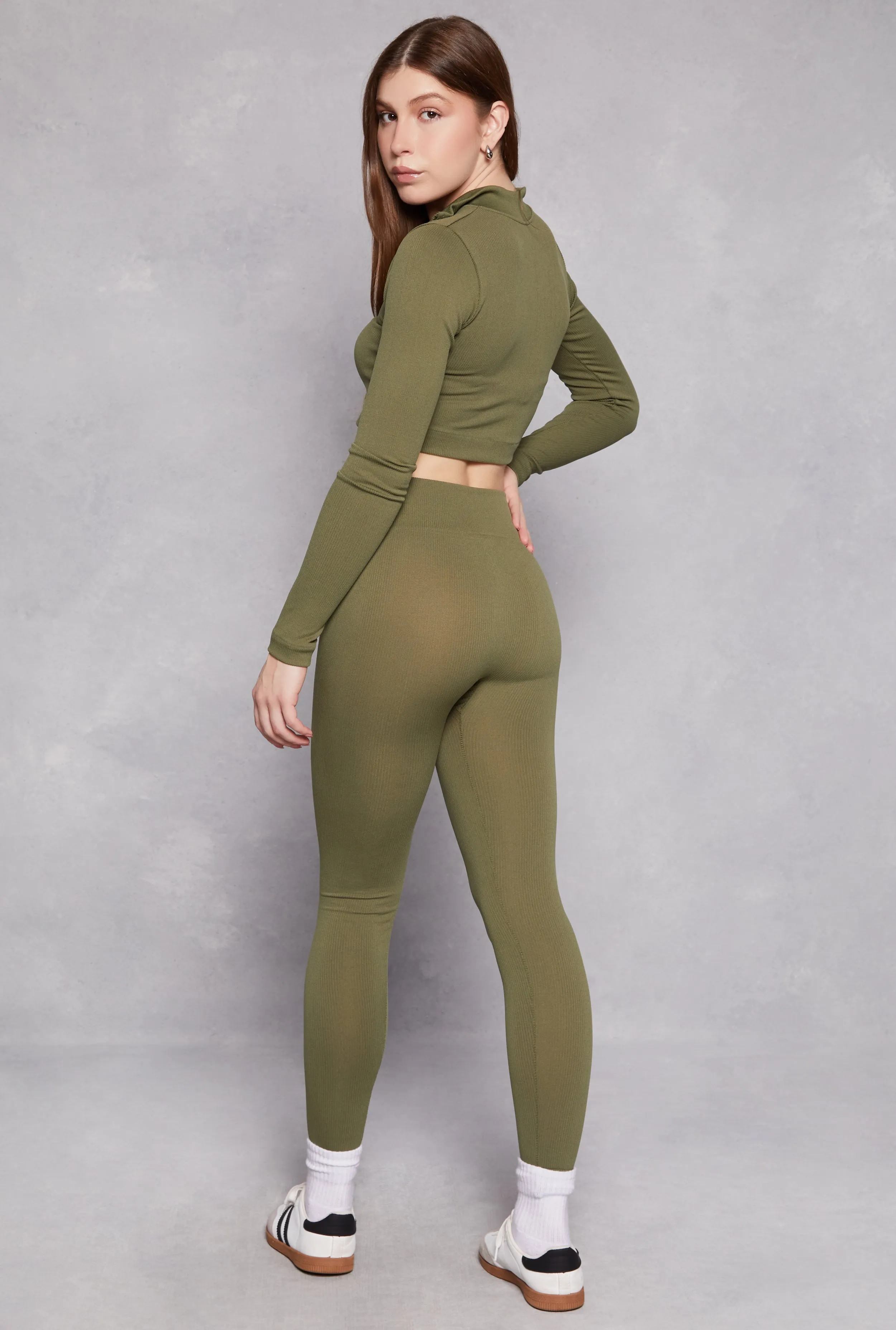 Ribbed Knit Zip Front Crop Top and Leggings Set sold by Rainbow product image thumbnail 3