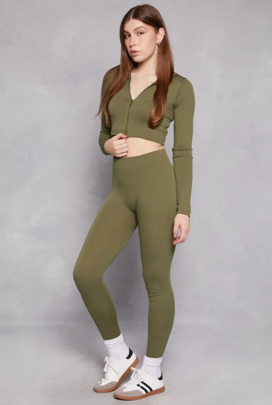 Ribbed Knit Zip Front Crop Top and Leggings Set sold by Rainbow
