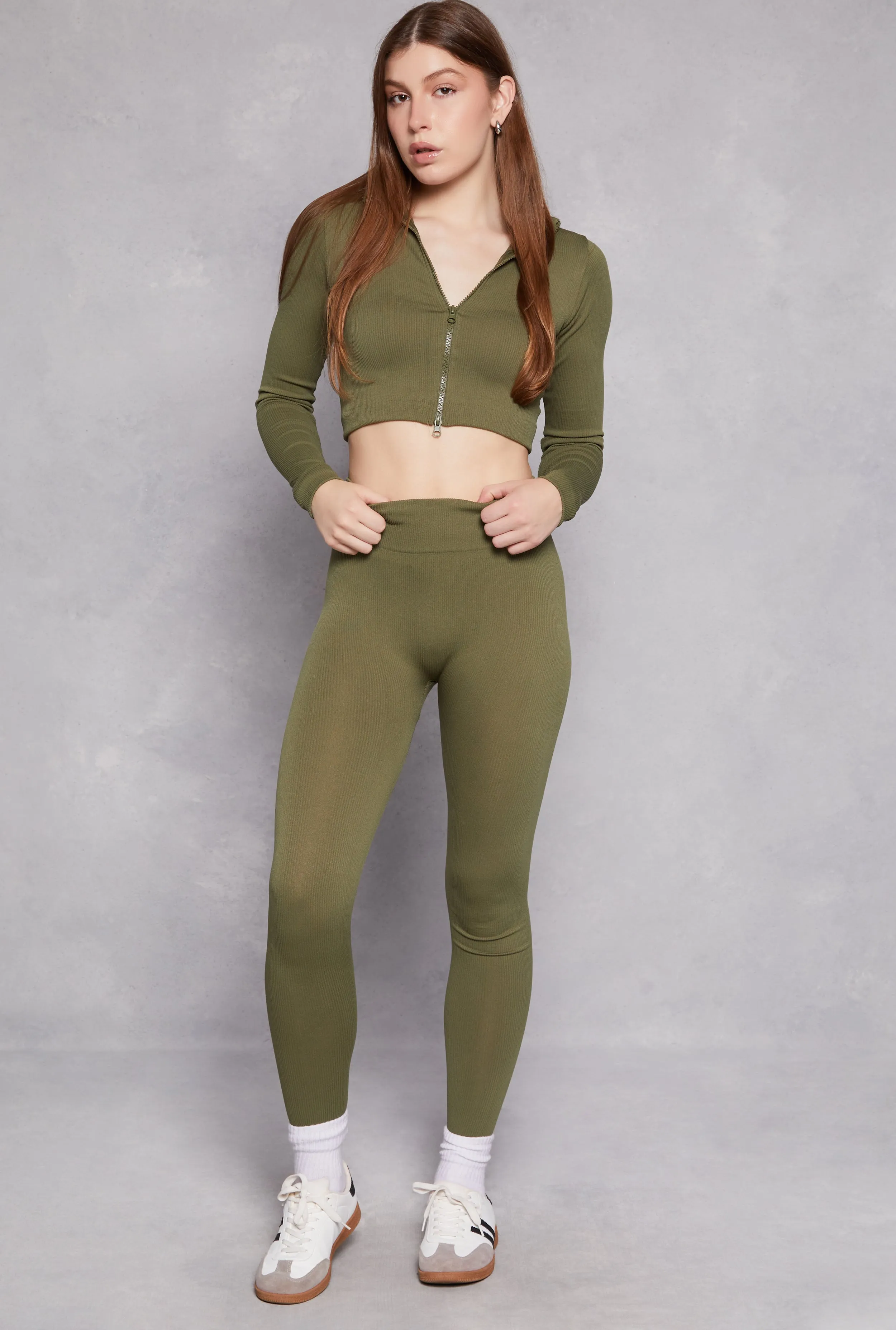 Ribbed Knit Zip Front Crop Top and Leggings Set sold by Rainbow product image thumbnail 2