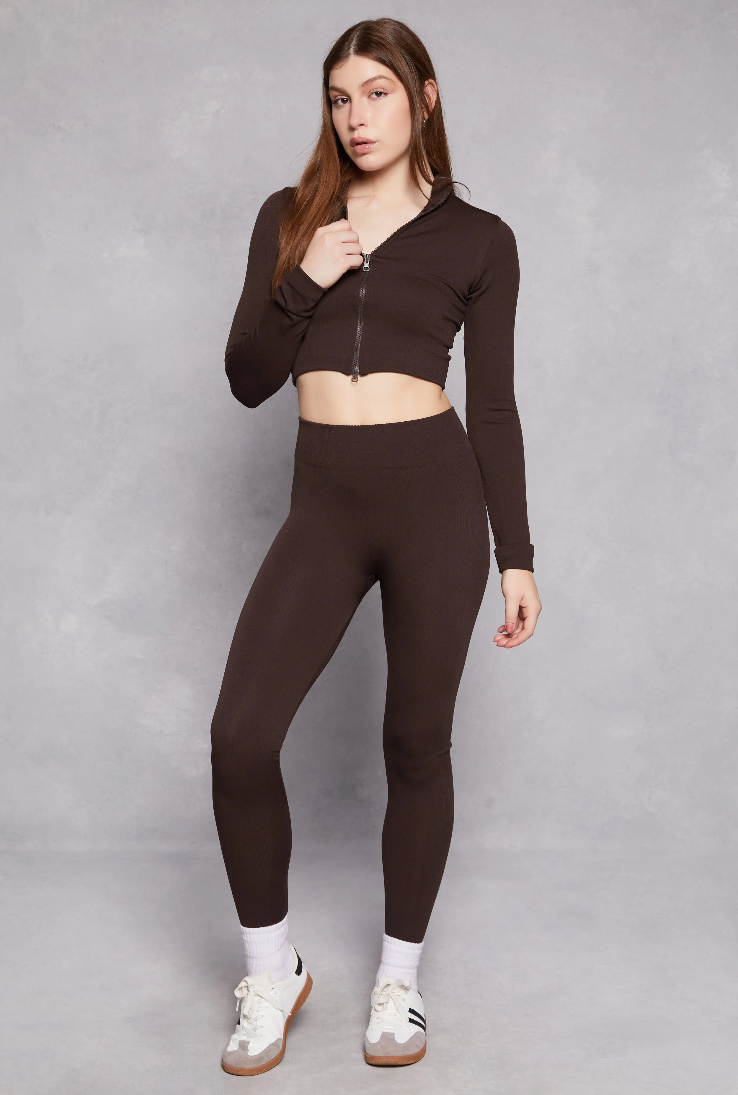 Ribbed Knit Zip Front Crop Top and Leggings Set sold by Rainbow