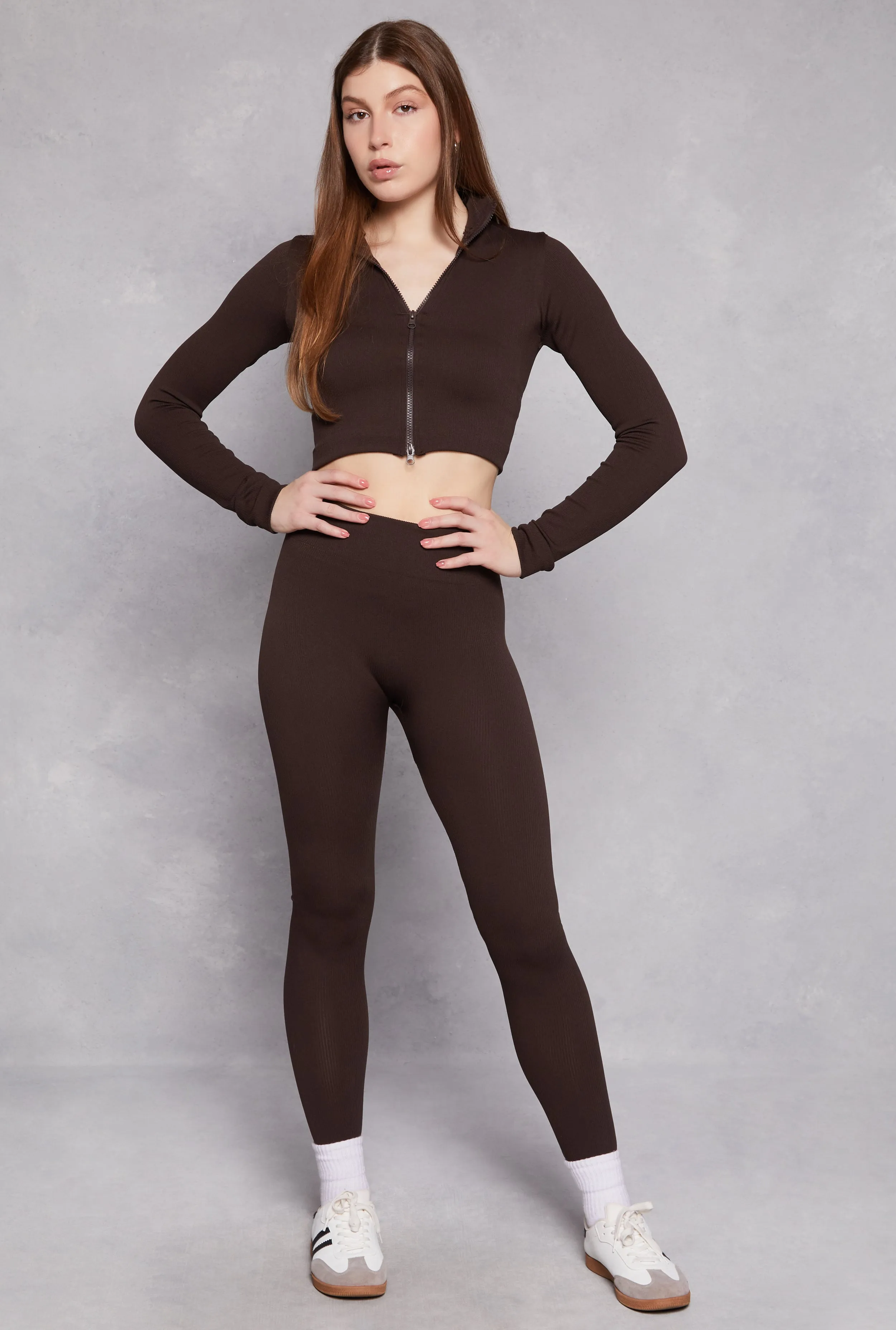 Ribbed Knit Zip Front Crop Top and Leggings Set sold by Rainbow product image thumbnail 2