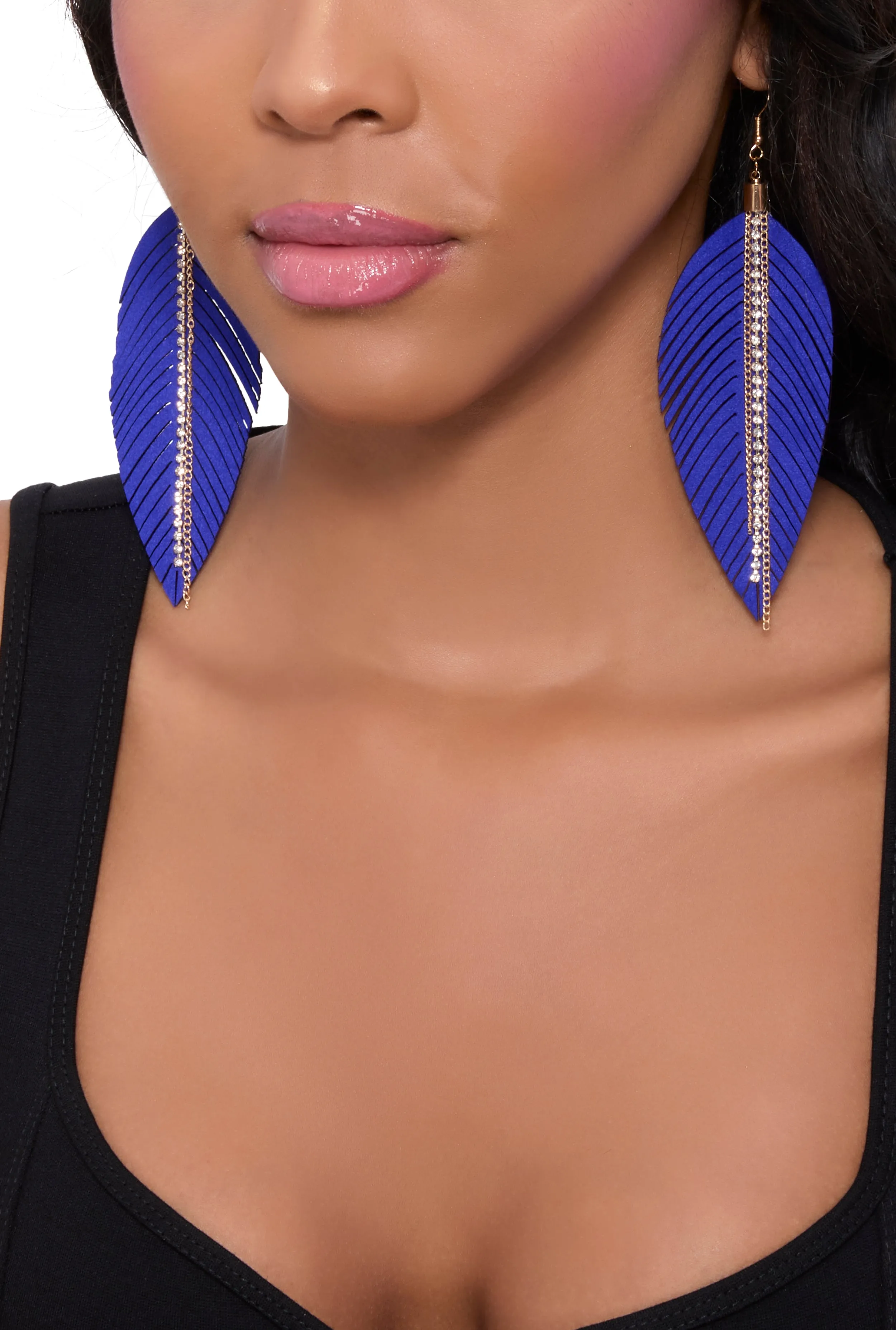 Fringe Rhinestone Chain Leaf Drop Earrings sold by Rainbow