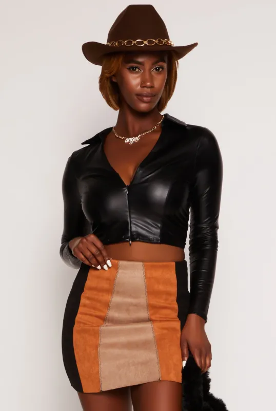 Faux Leather Shirt Collar Crop Top sold by Rainbow