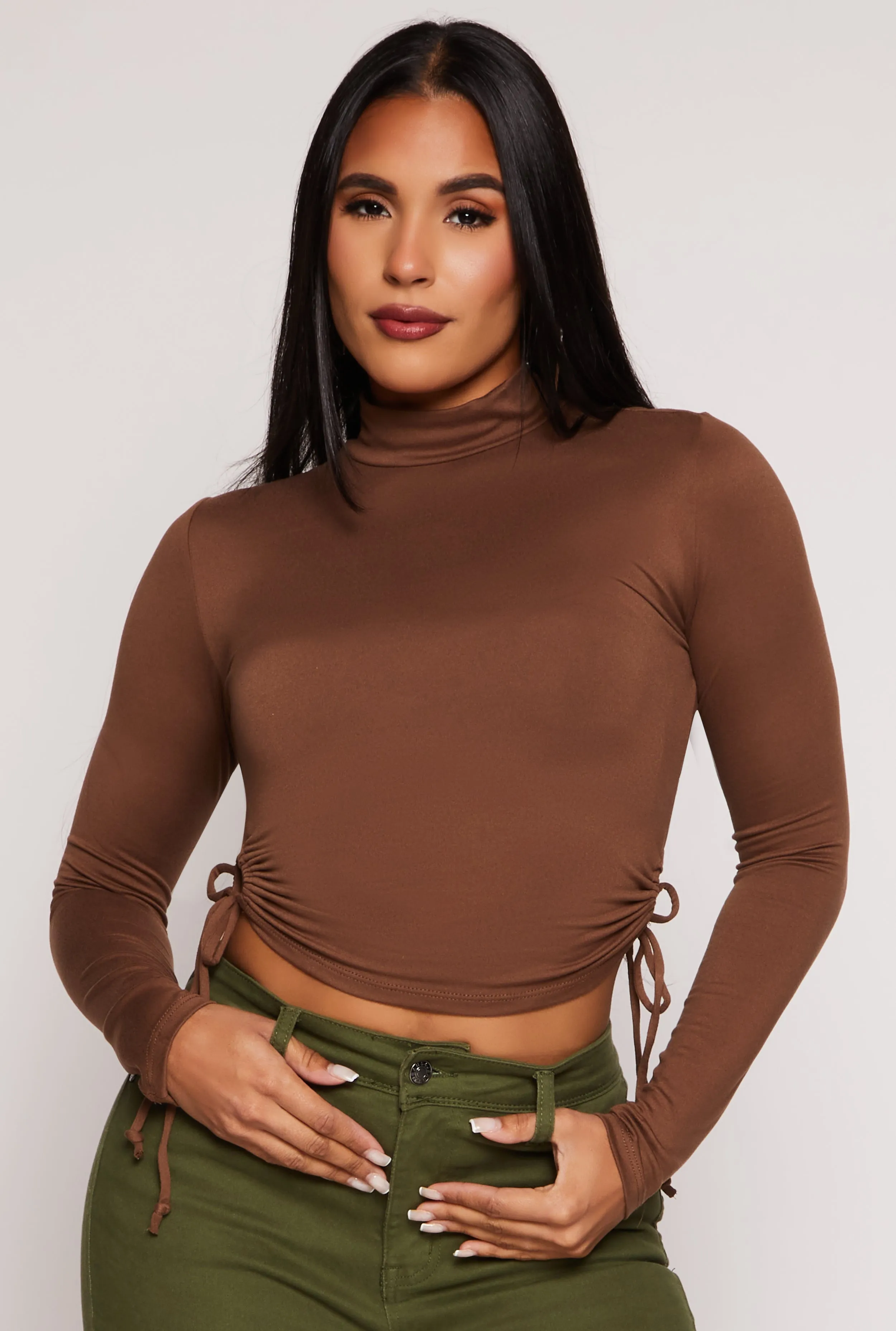 Side Tie Mock Neck Long Sleeve Crop Top sold by Rainbow