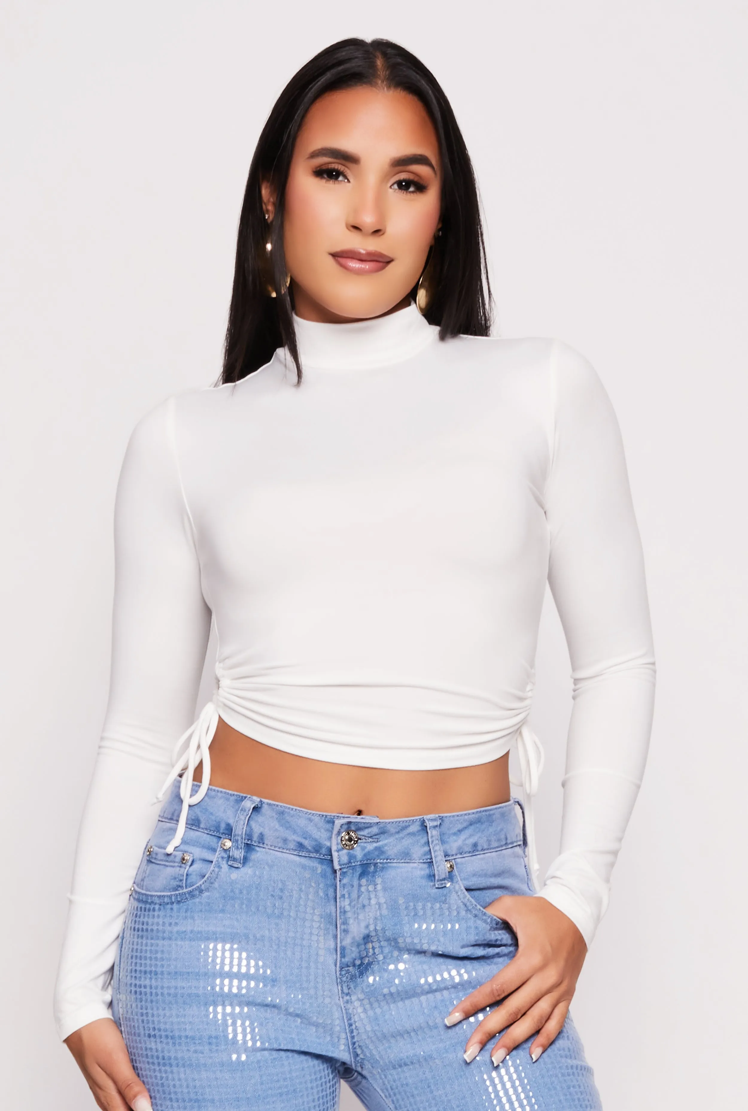Side Tie Mock Neck Long Sleeve Crop Top sold by Rainbow