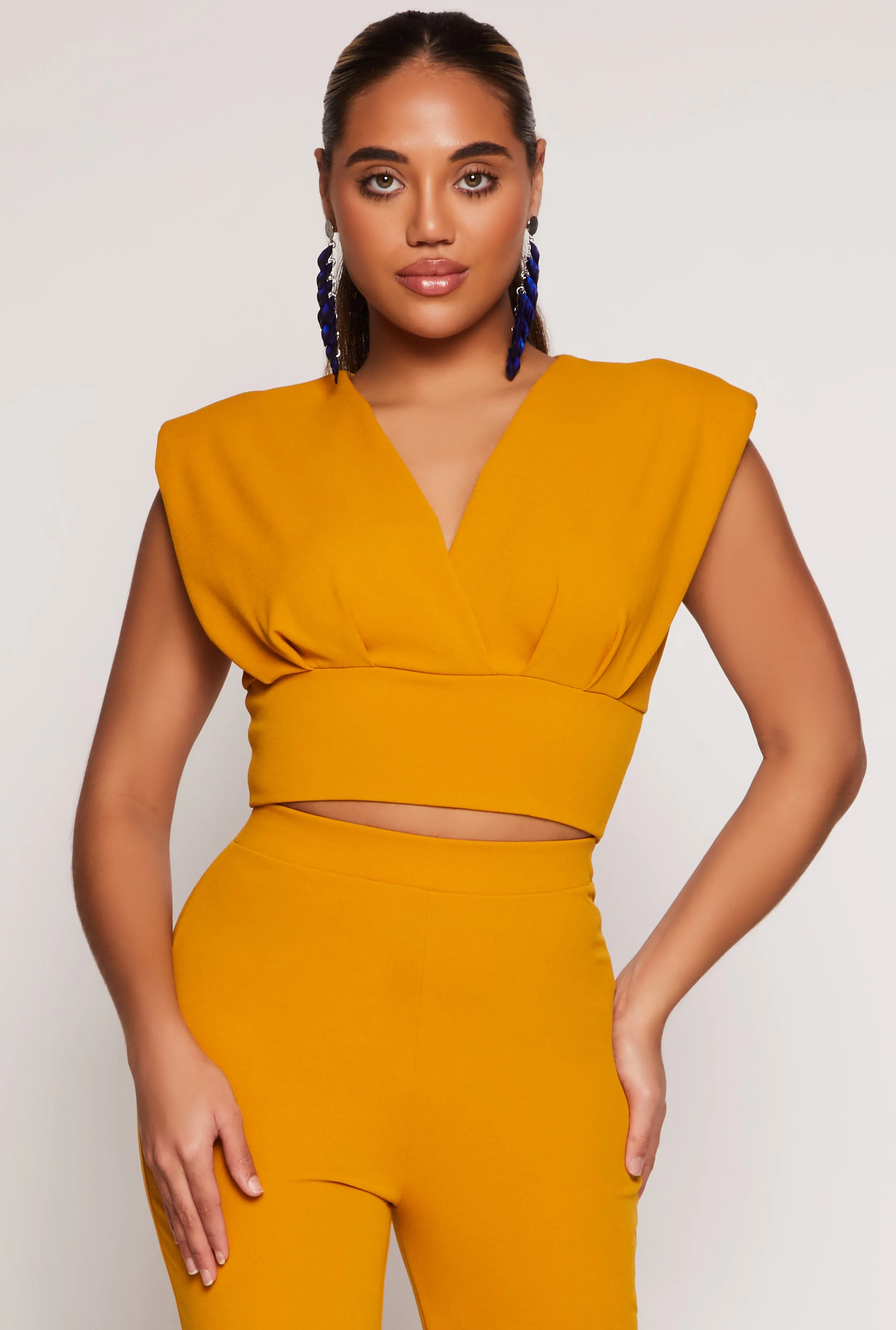 Crepe Knit Padded Shoulder Crop Top sold by Rainbow