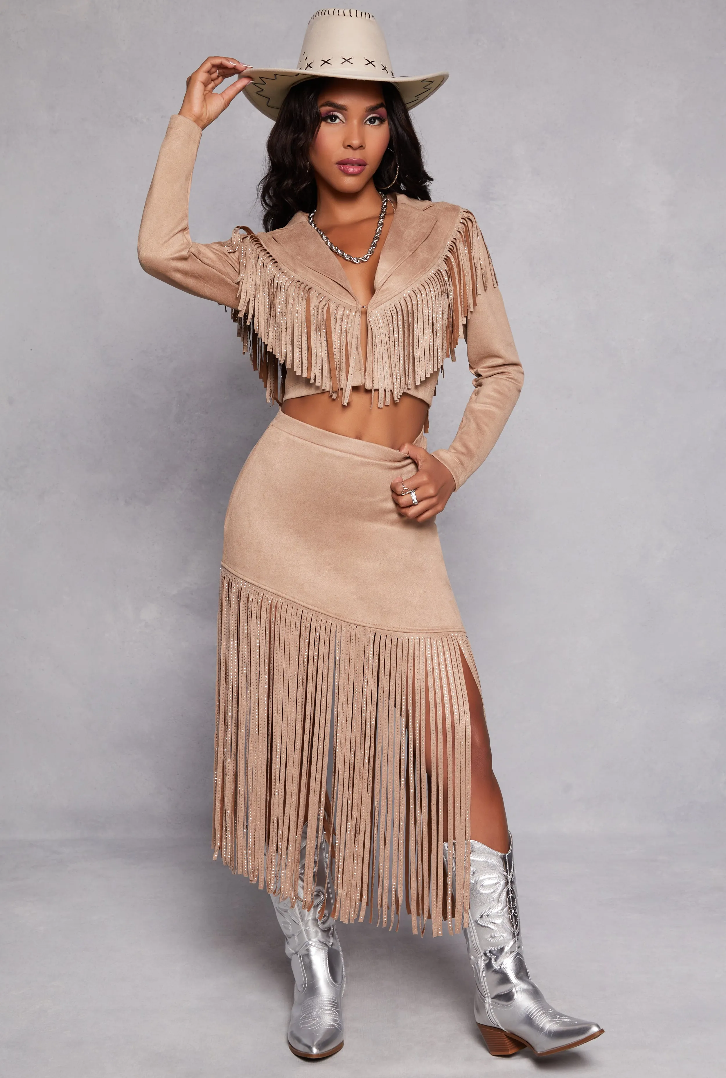 Faux Suede Rhinestone Fringe Cropped Jacket sold by Rainbow product image thumbnail 2