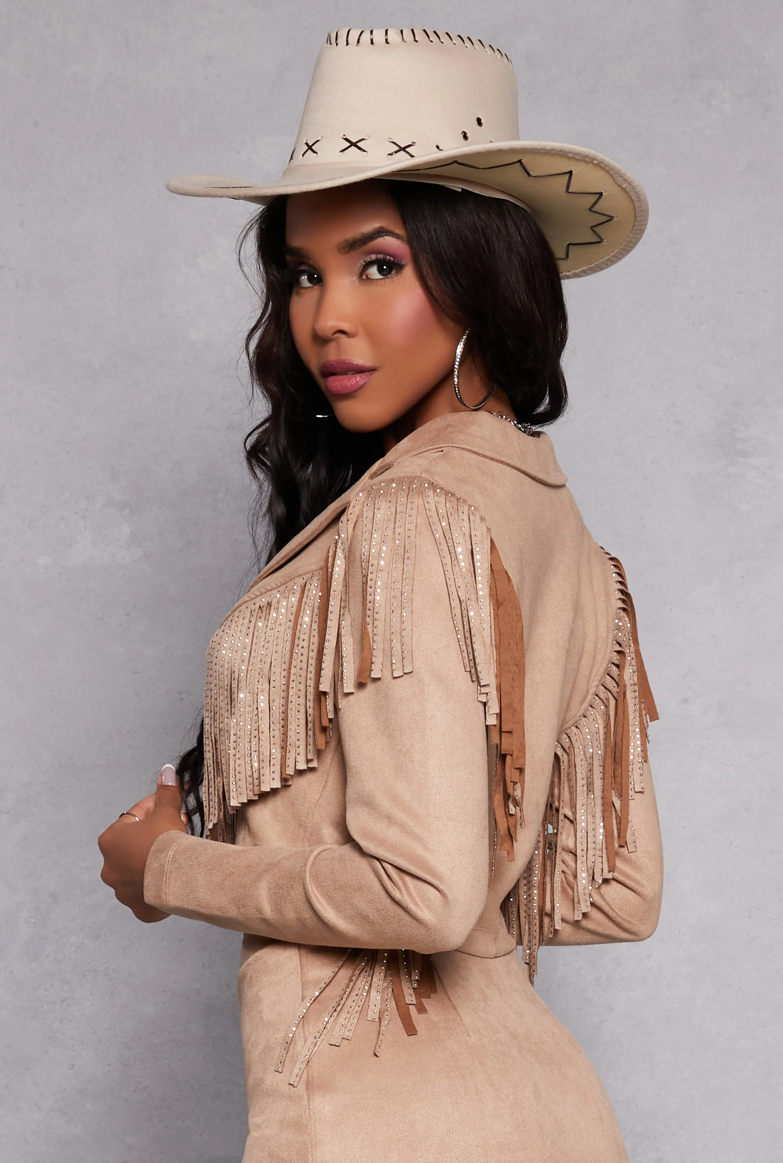 Faux Suede Rhinestone Fringe Cropped Jacket sold by Rainbow product image thumbnail 3