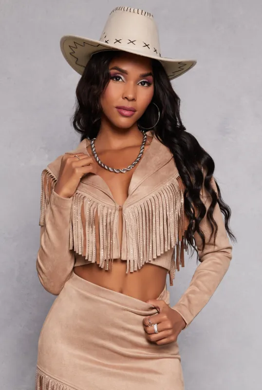 Faux Suede Rhinestone Fringe Cropped Jacket sold by Rainbow