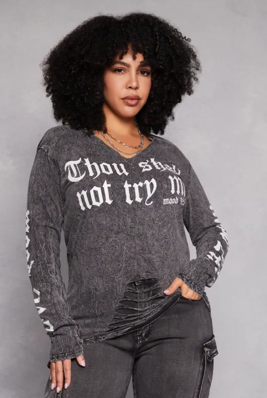 Plus Size Thou Shall Not Try Me Acid Wash Tee sold by Rainbow