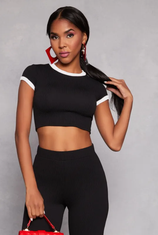 Ribbed Knit Ringer Crop Top sold by Rainbow